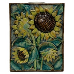 Vintage 1950s Karlsruhe German Majolica Sunflower Terracotta Tile