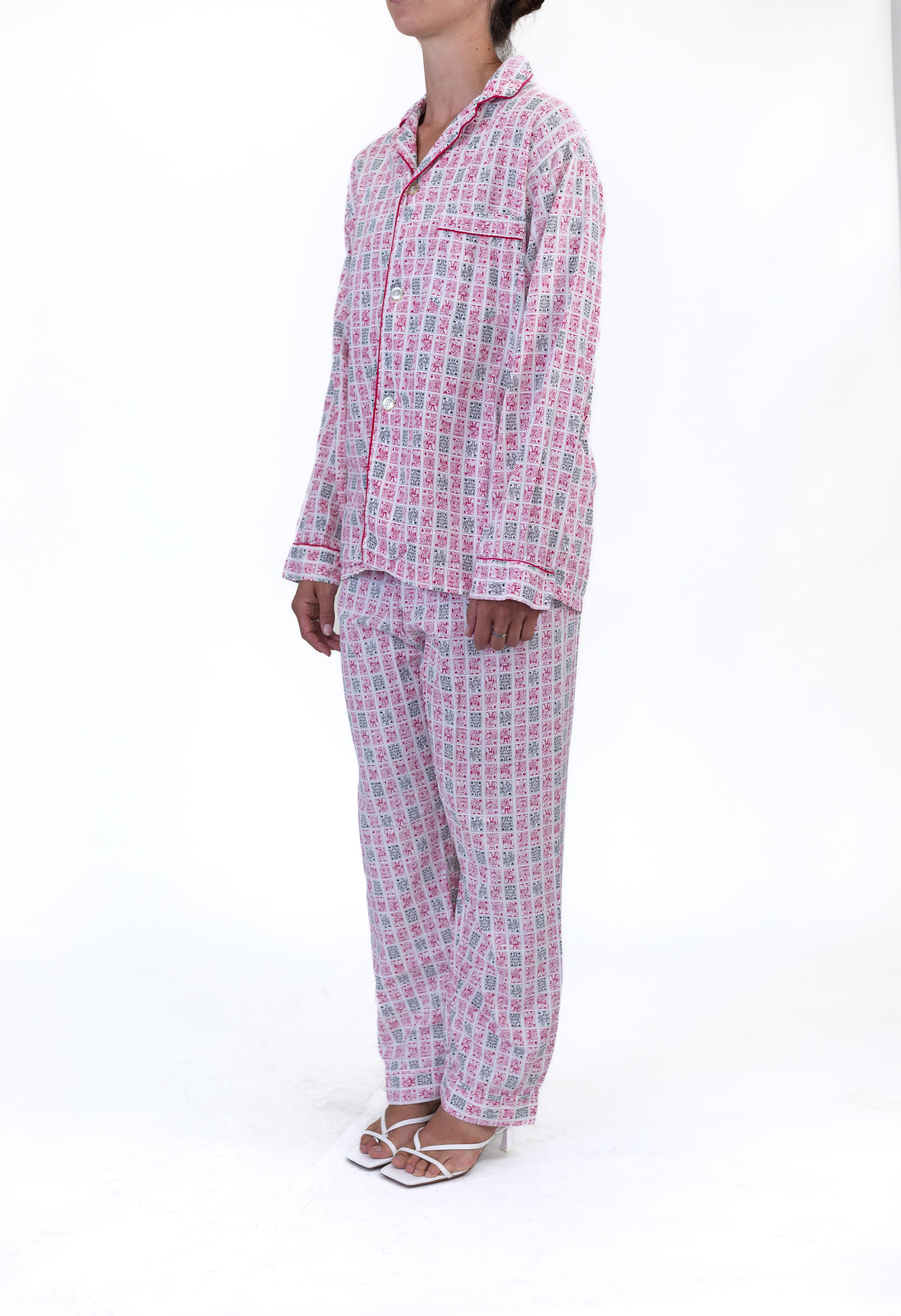 1950er KAROL's ORIGINALS Weiß Rot Baumwolle Karton Deck Neuheit Druck Pyjamas Damen im Angebot
