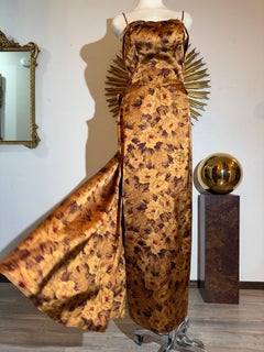 1950s Kay Selig Bronze Floral Print Satin Gown w Gathered Bust & Train