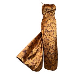 1950s Kay Selig Bronze Floral Print Satin Gown w Gathered Bust & Train