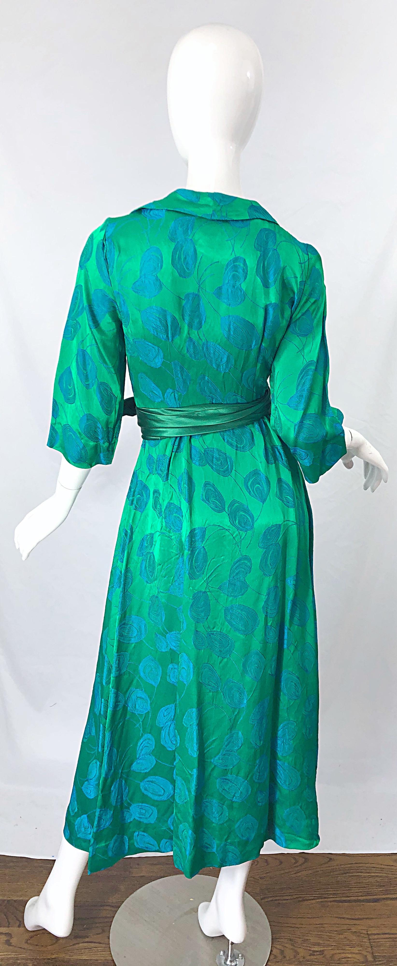 1950s Kelly Green + Blue Flower Print Rayon Rhinestone Vintage 50s Wrap Dress For Sale 5