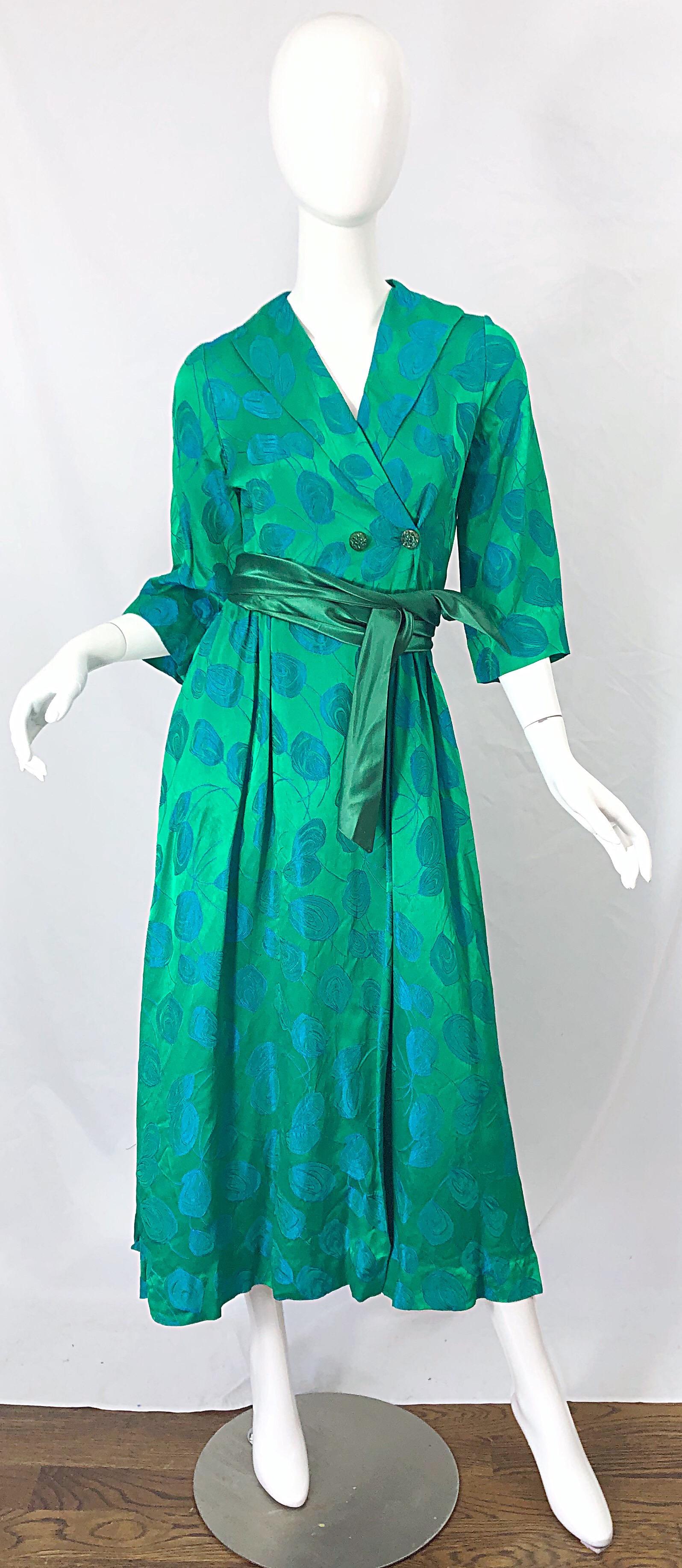 1950s Kelly Green + Blue Flower Print Rayon Rhinestone Vintage 50s Wrap Dress 6