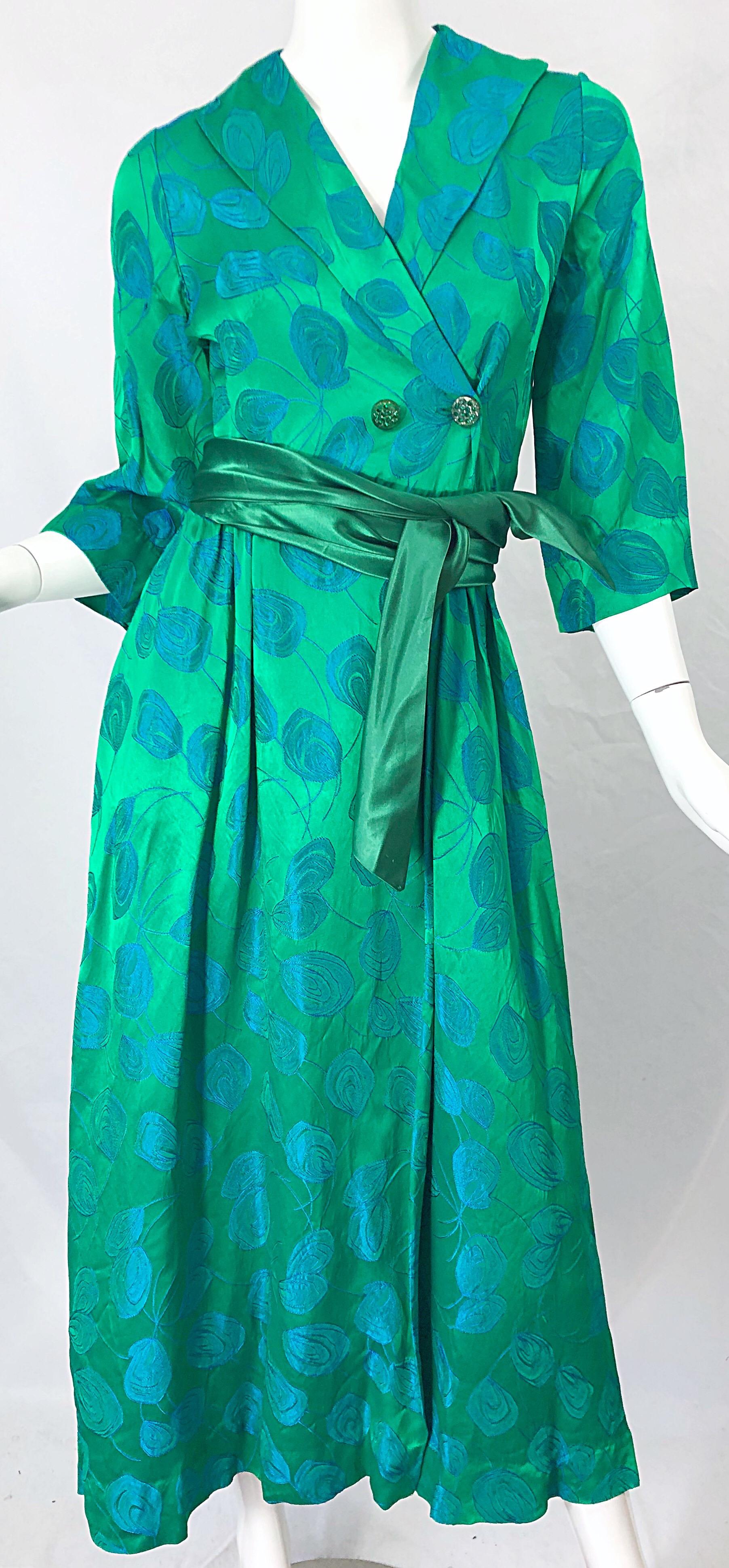 Women's 1950s Kelly Green + Blue Flower Print Rayon Rhinestone Vintage 50s Wrap Dress