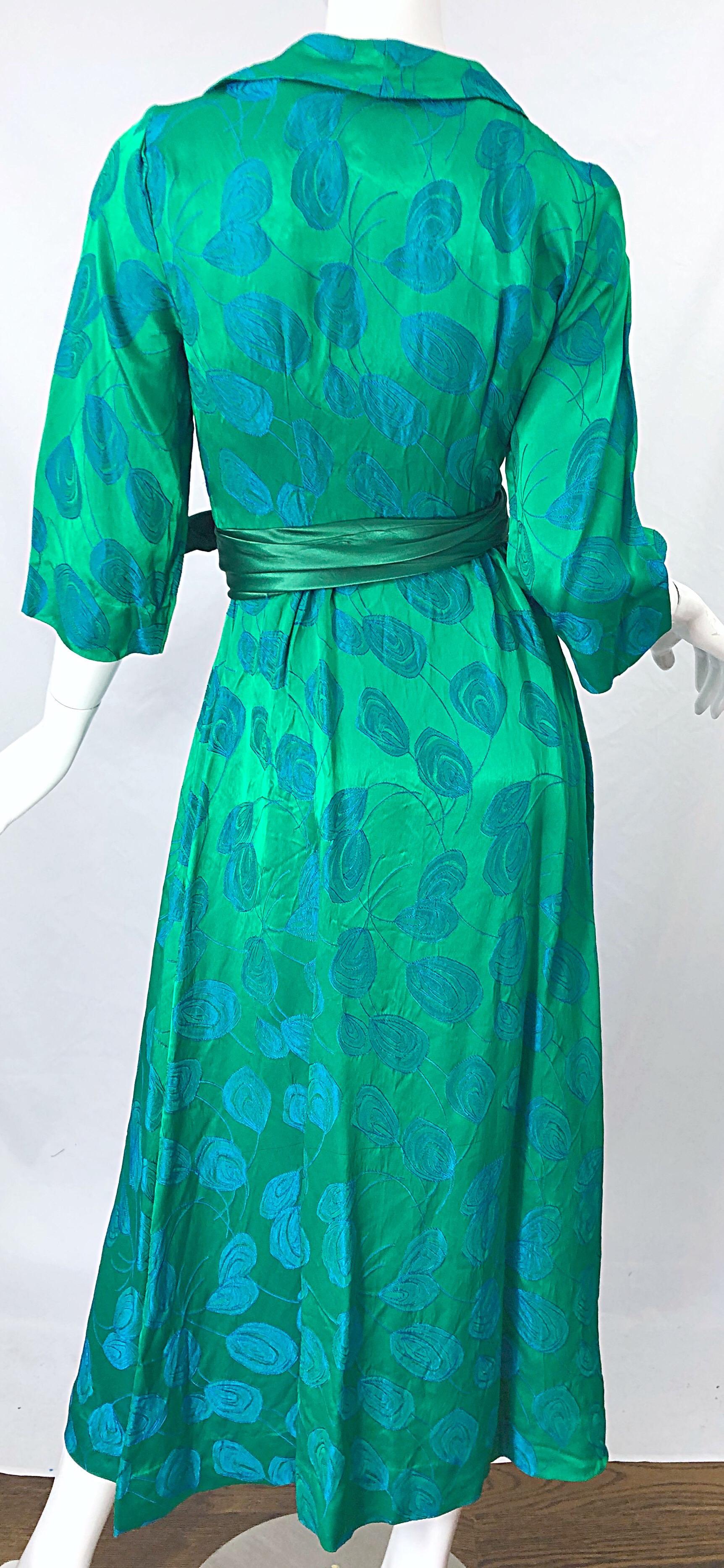 1950s Kelly Green + Blue Flower Print Rayon Rhinestone Vintage 50s Wrap Dress 1