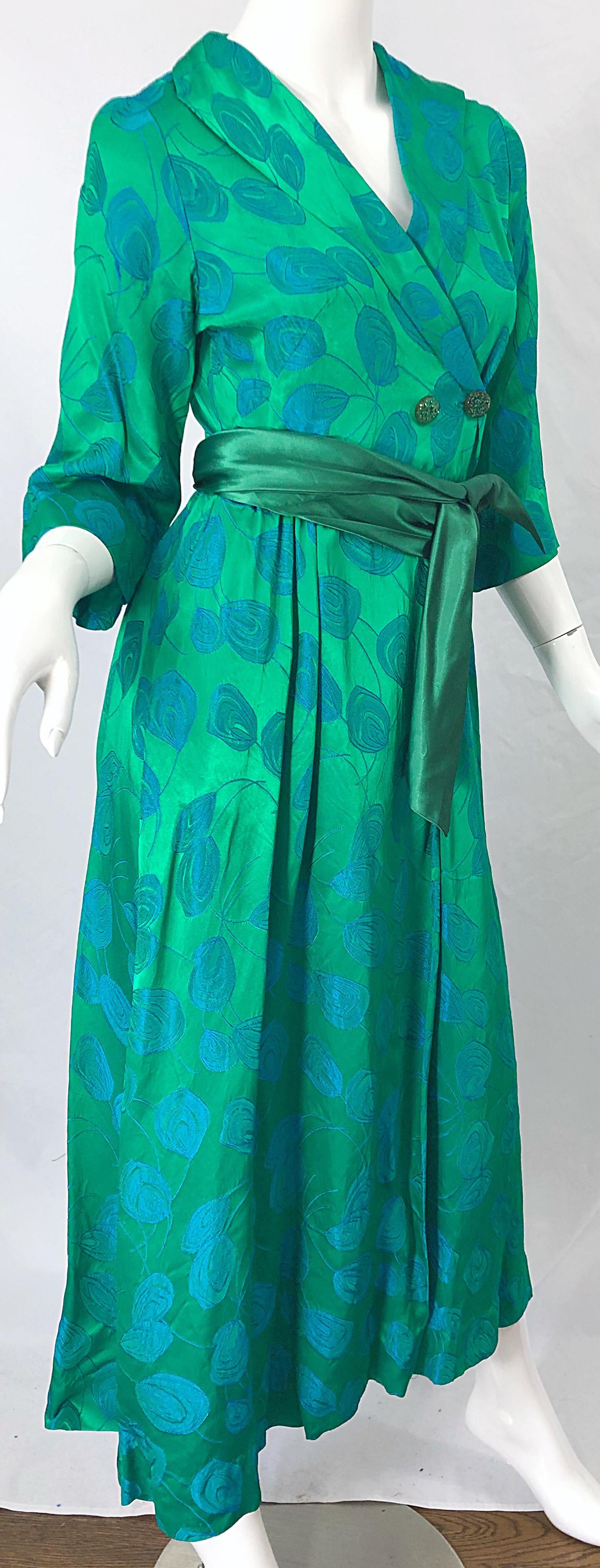 1950s Kelly Green + Blue Flower Print Rayon Rhinestone Vintage 50s Wrap Dress 2