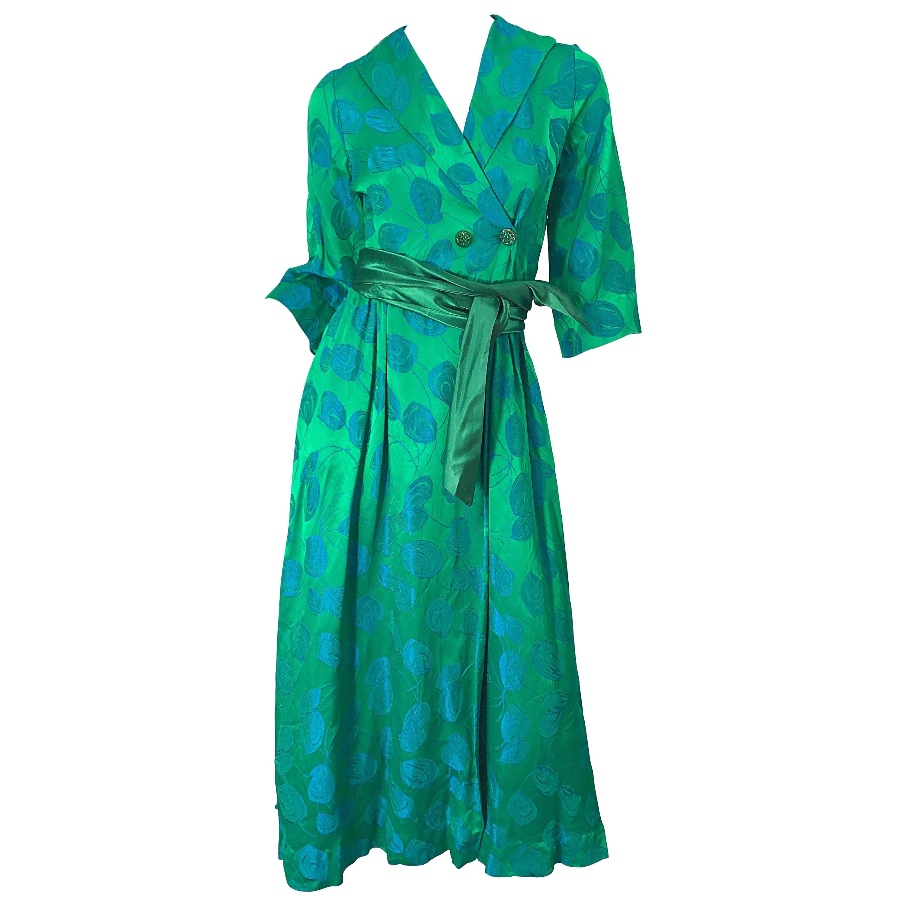 1950s Kelly Green + Blue Flower Print Rayon Rhinestone Vintage 50s Wrap Dress For Sale