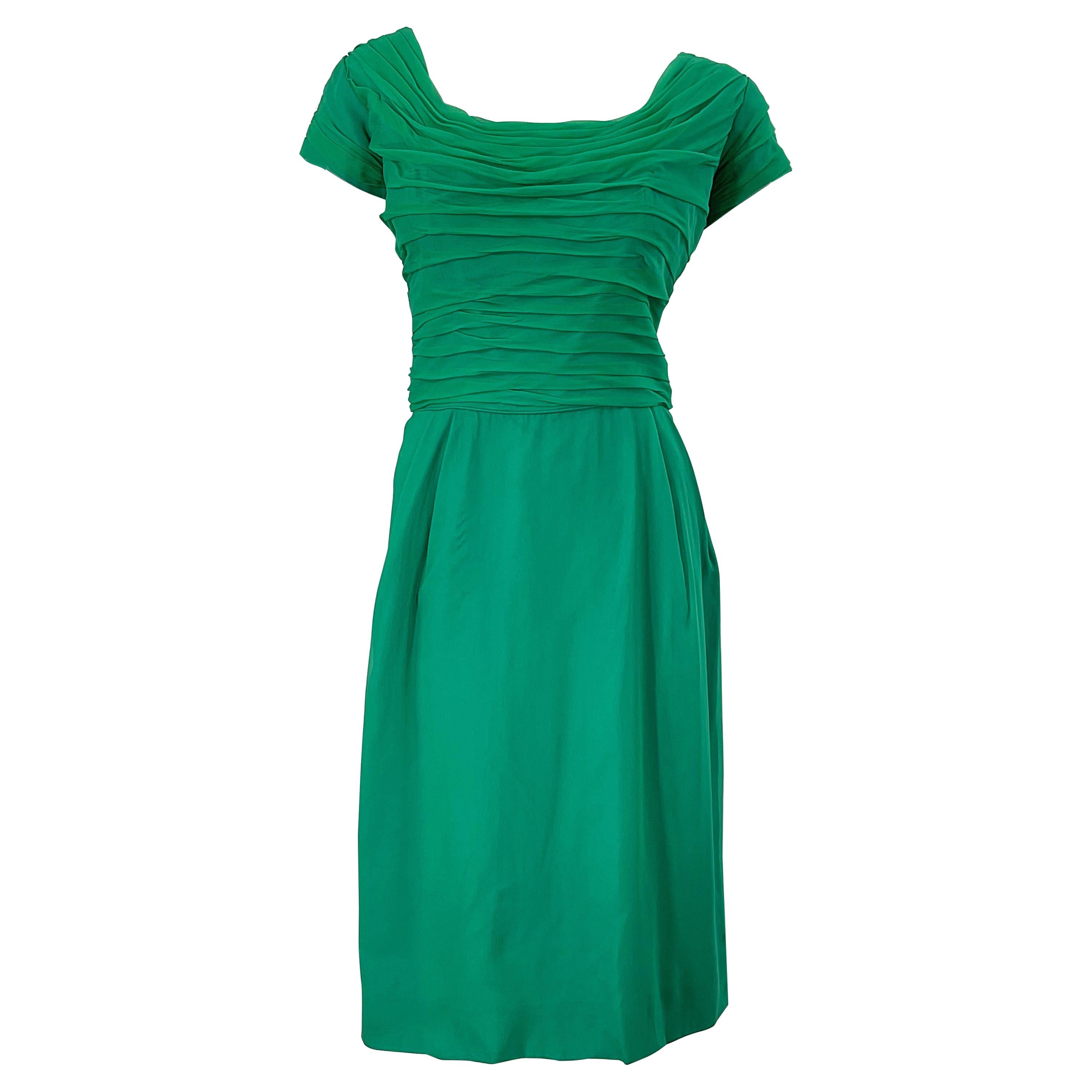 1950s Kelly Green Demi Couture Silk Chiffon Vintage Short Sleeve 50s Dress For Sale