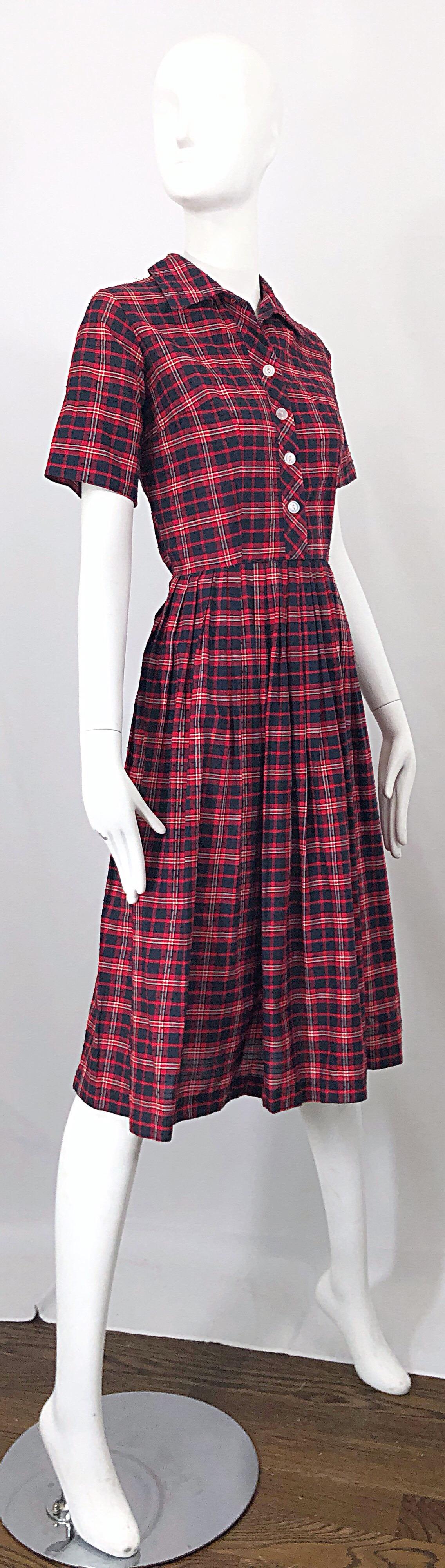 1950s Kerrybrooke Red, White and Navy Blue Party in the Back Plaid Vintage Dress For Sale 2