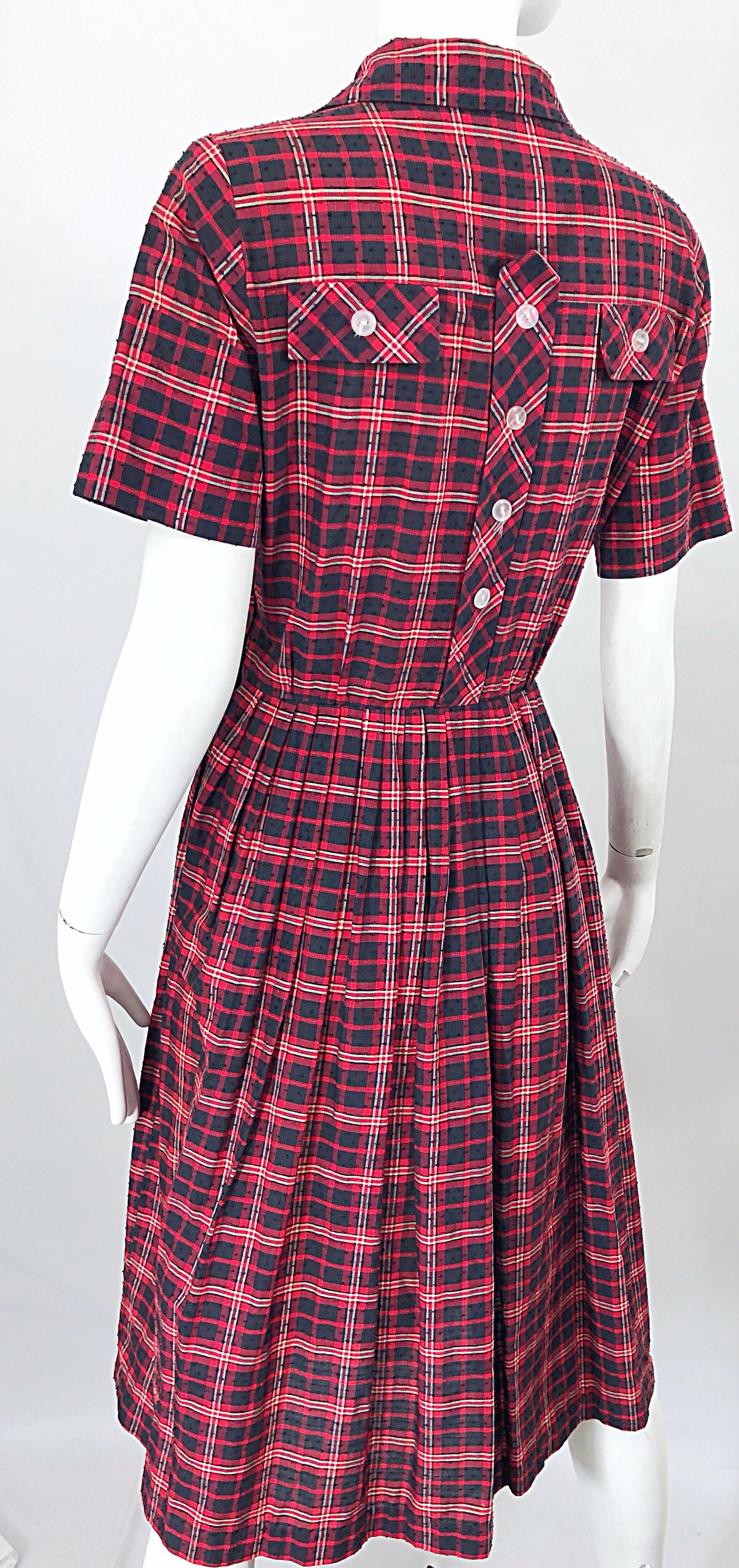 1950s Kerrybrooke Red, White and Navy Blue Party in the Back Plaid Vintage Dress For Sale 3