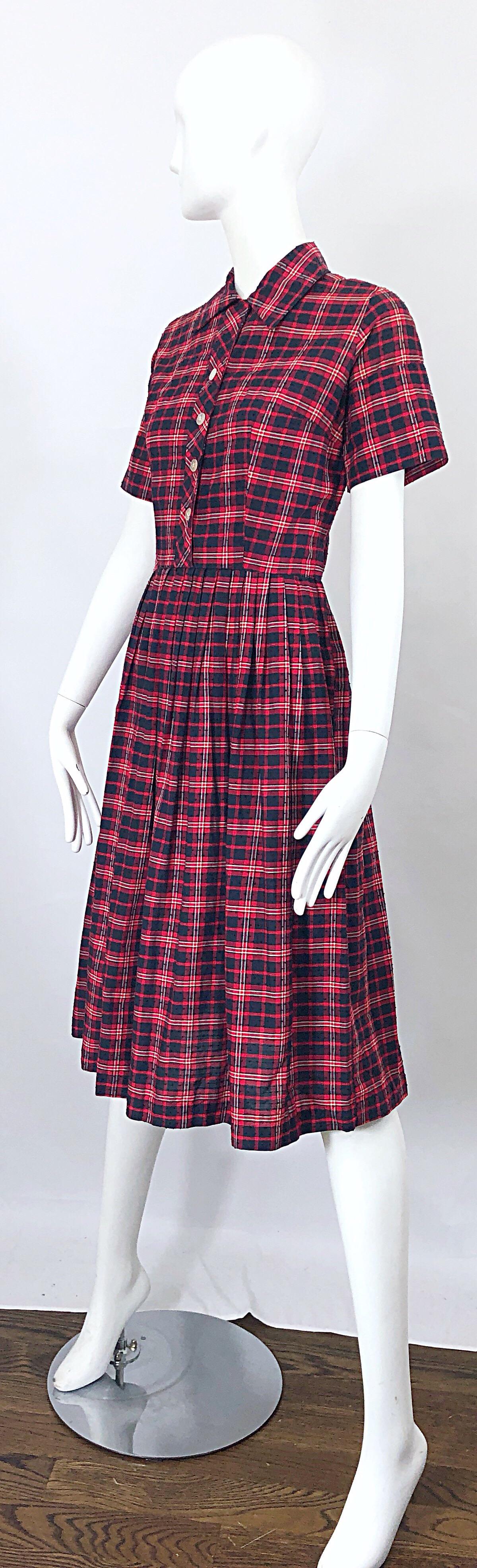1950s Kerrybrooke Red, White and Navy Blue Party in the Back Plaid Vintage Dress For Sale 4