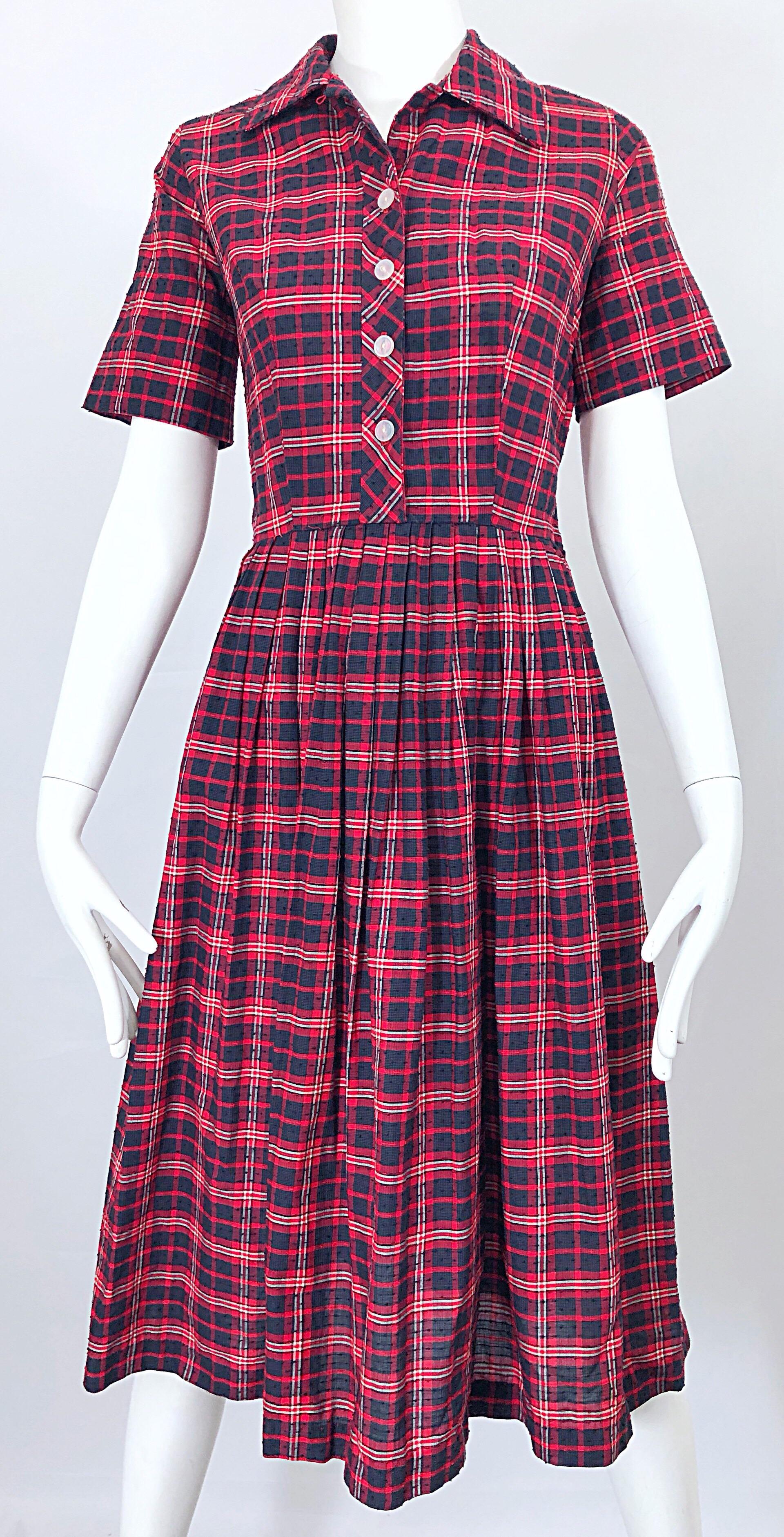 1950s Kerrybrooke Red, White and Navy Blue Party in the Back Plaid Vintage Dress For Sale 5