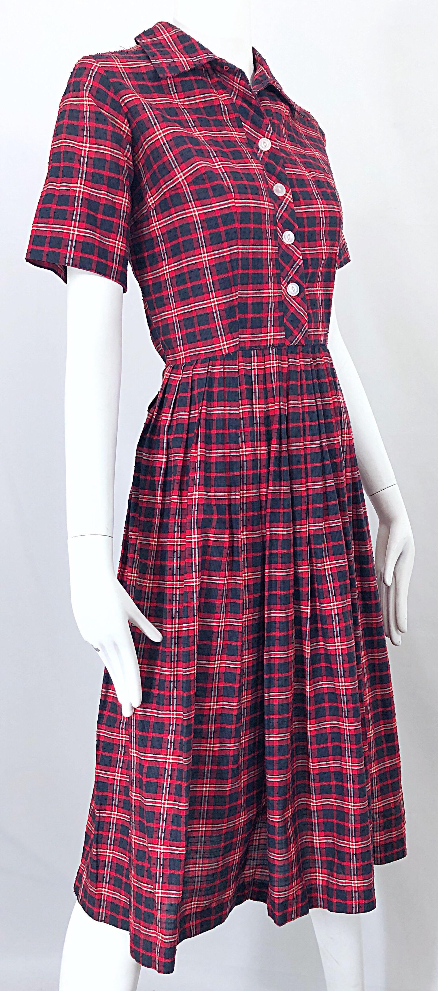 1950s Kerrybrooke Red, White and Navy Blue Party in the Back Plaid Vintage Dress For Sale 6