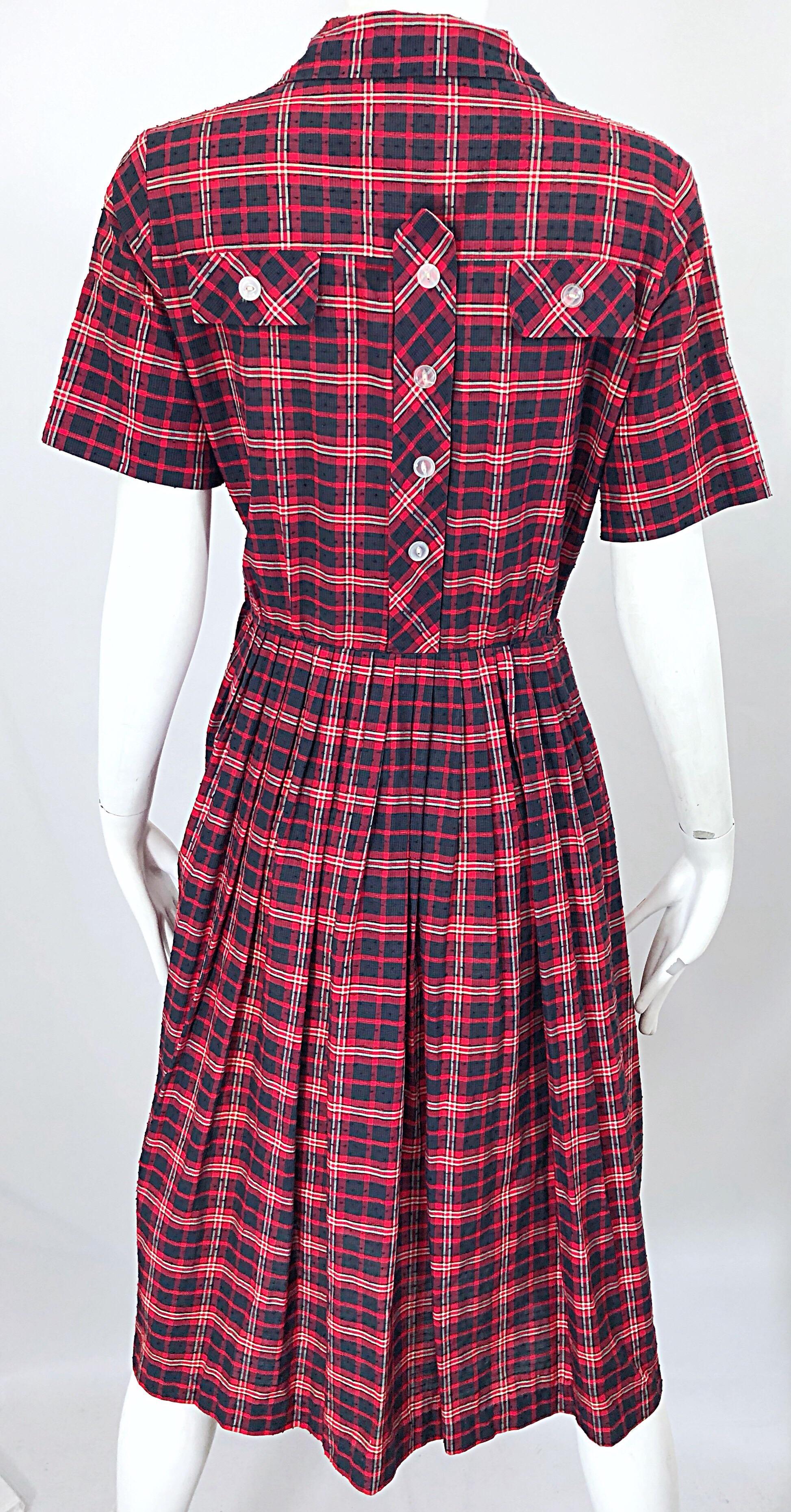 1950s Kerrybrooke Red, White and Navy Blue Party in the Back Plaid Vintage Dress For Sale 7
