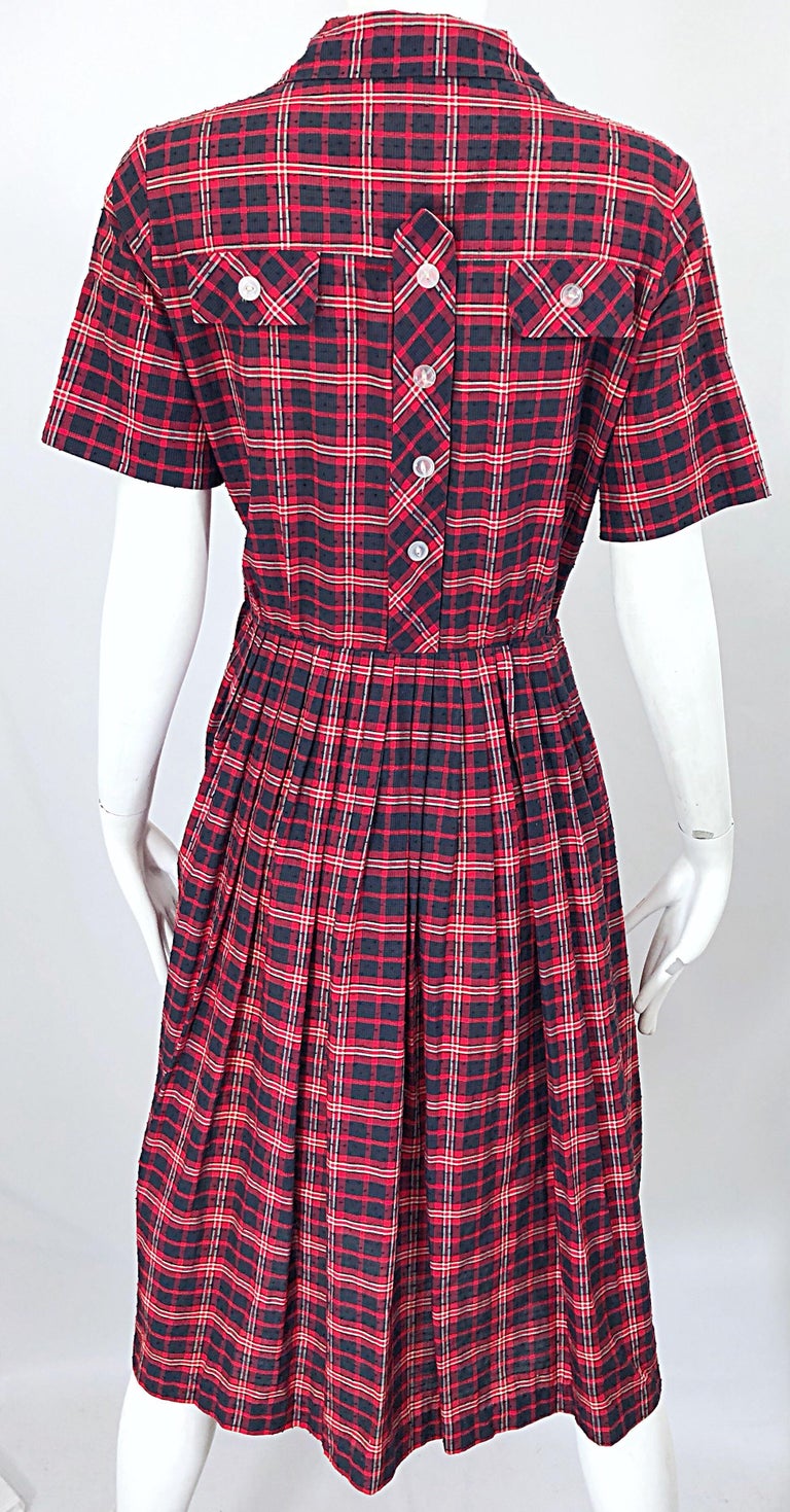 1950s Kerrybrooke Red, White and Navy Blue Party in The Back Plaid Vintage Dress