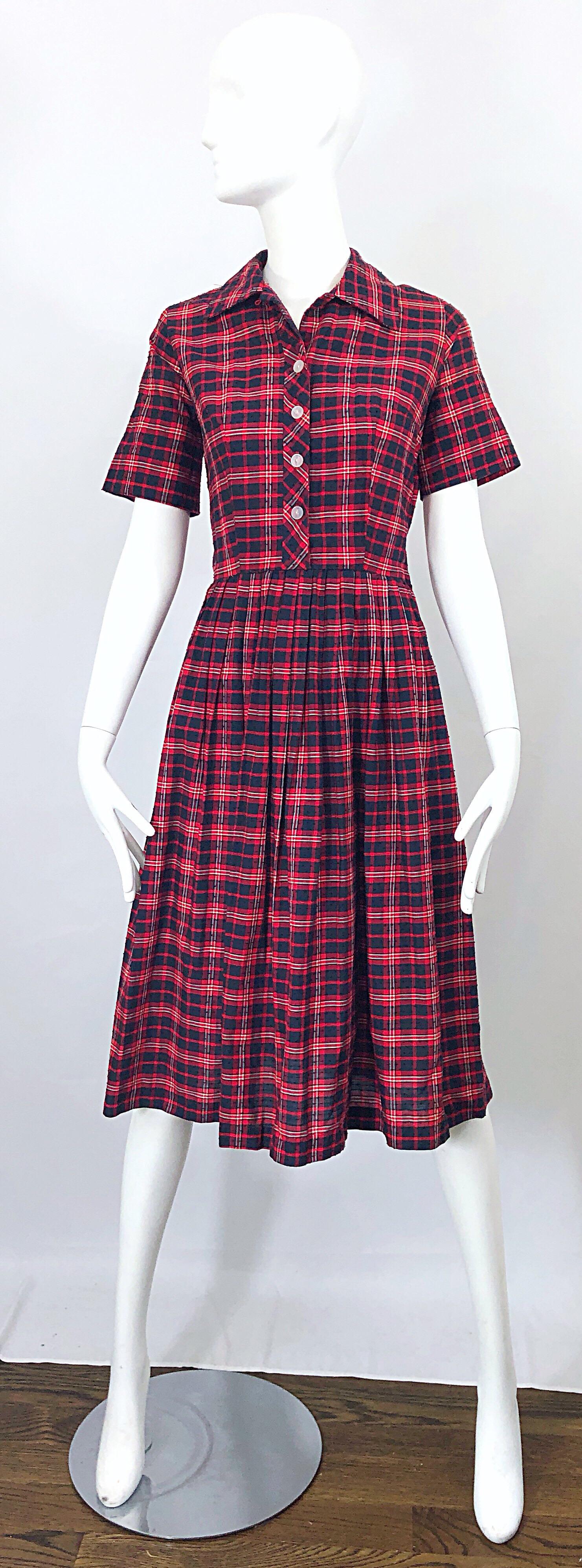 1950s Kerrybrooke Red, White and Navy Blue Party in the Back Plaid Vintage Dress For Sale 8