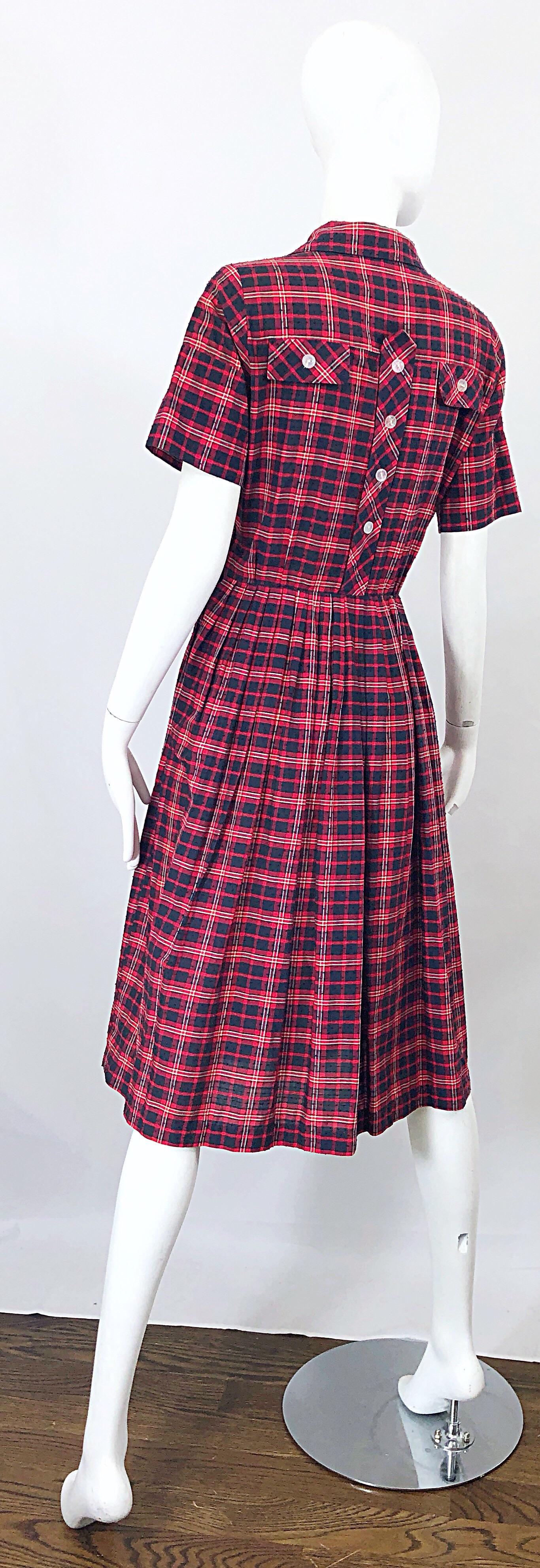 1950s Kerrybrooke Red, White and Navy Blue Party in the Back Plaid Vintage Dress For Sale 9