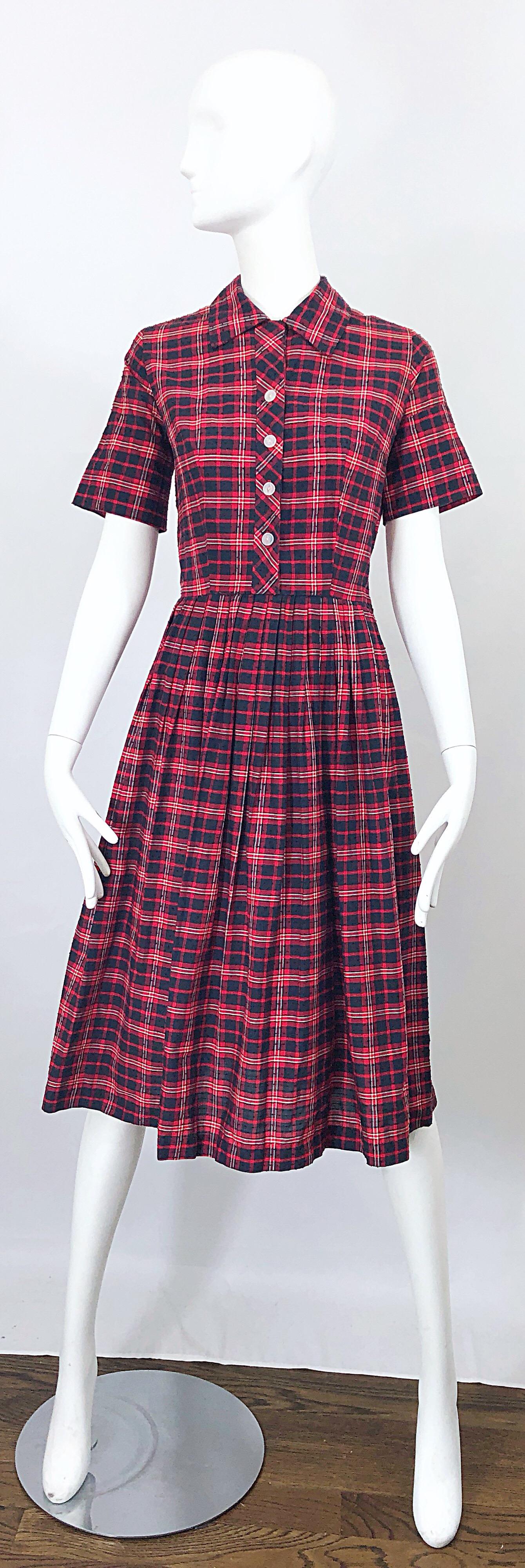 1950s Kerrybrooke Red, White and Navy Blue Party in the Back Plaid Vintage Dress For Sale 10