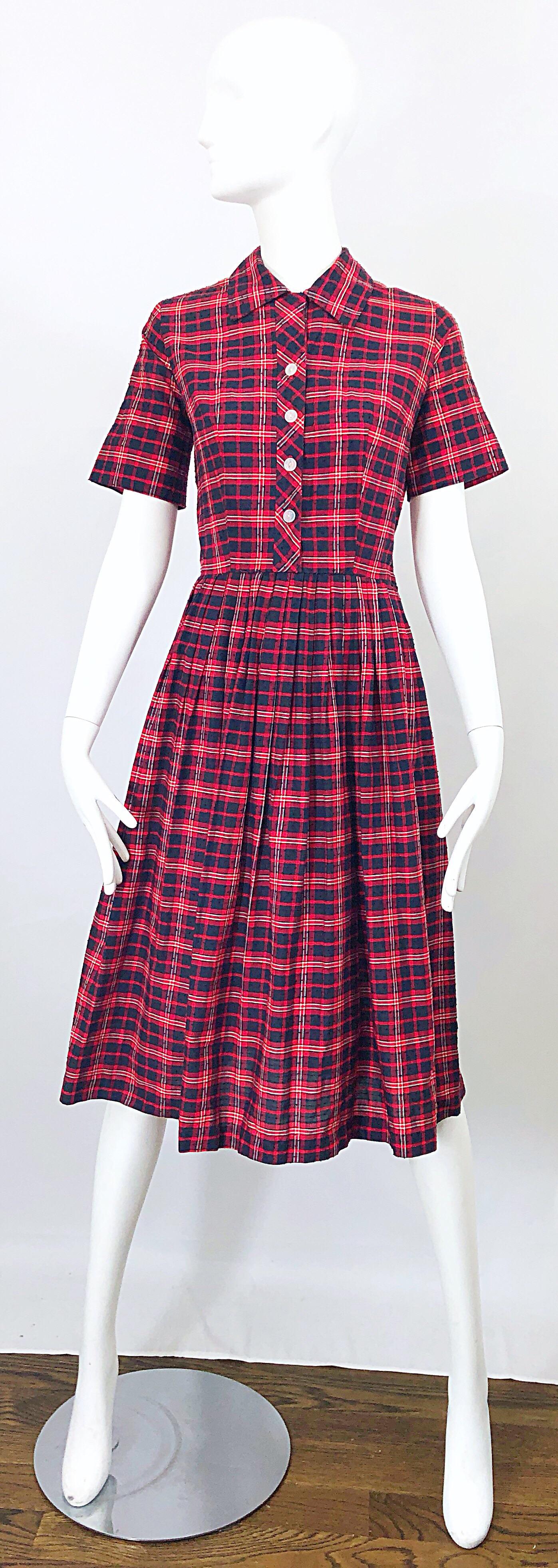Awesome 50 KERRYBROOKE red, white and blue plaid fit n'flare shirt dress! When I first discovered this dress, I thought the back was the front, until I saw the actual front. Cotton blend fabric tag reads, 