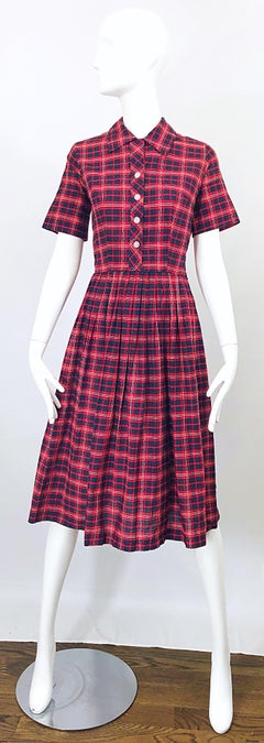 1950s Kerrybrooke Red, White and Navy Blue Party in the Back Plaid Vintage Dress