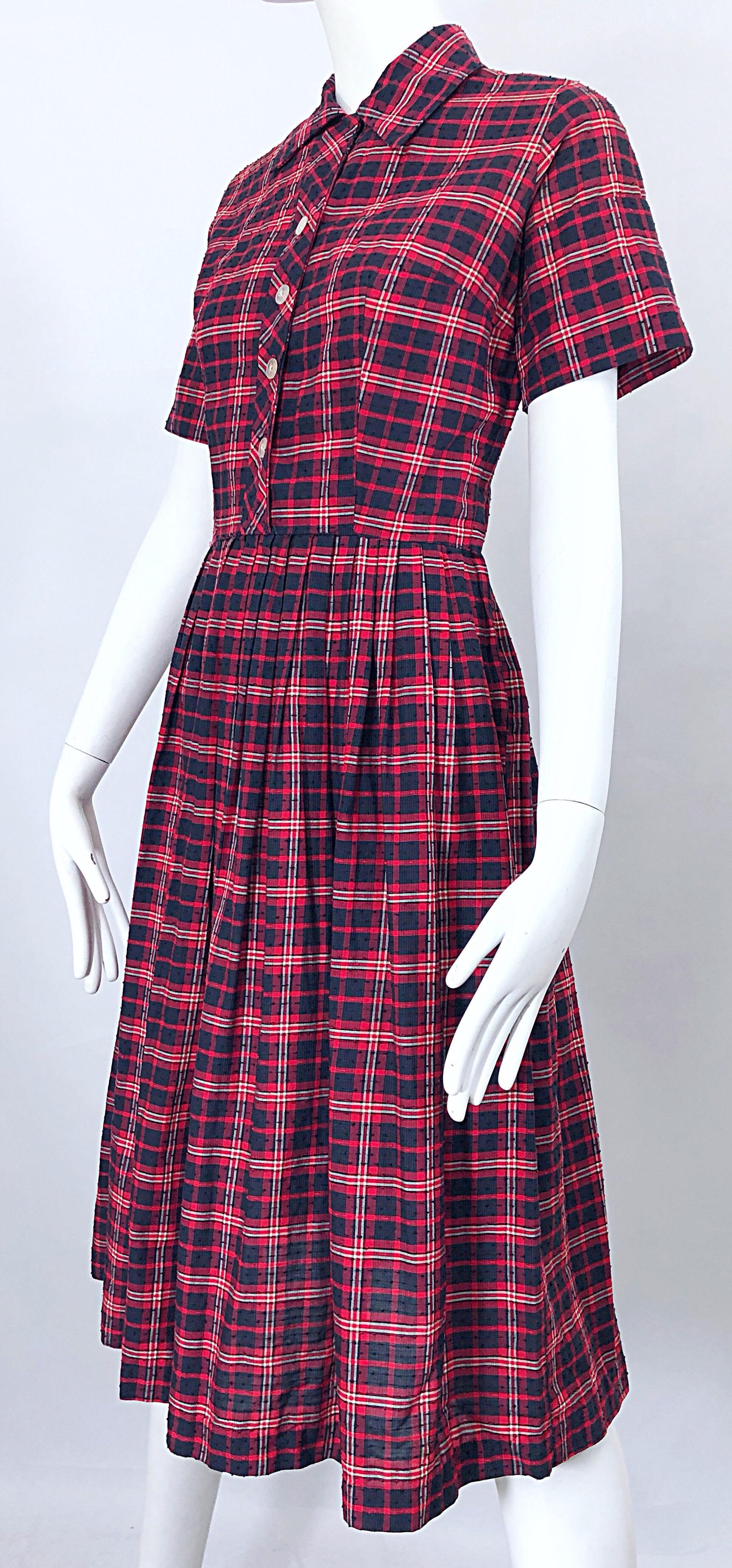 Black 1950s Kerrybrooke Red, White and Navy Blue Party in the Back Plaid Vintage Dress For Sale