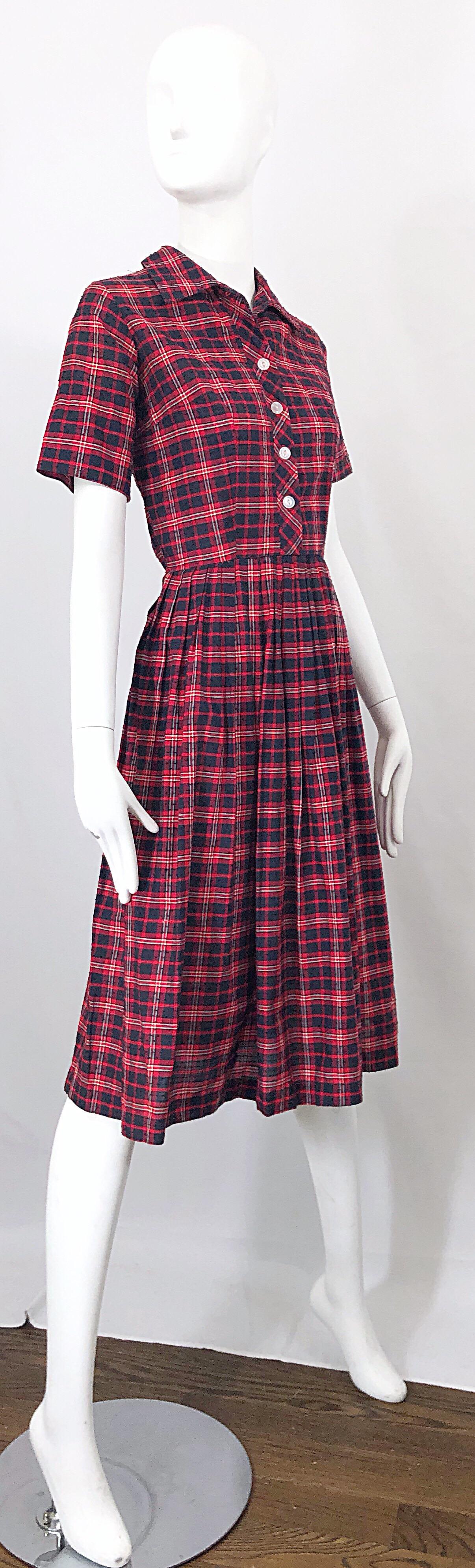1950s Kerrybrooke Red, White and Navy Blue Party in the Back Plaid Vintage Dress In Excellent Condition For Sale In San Diego, CA