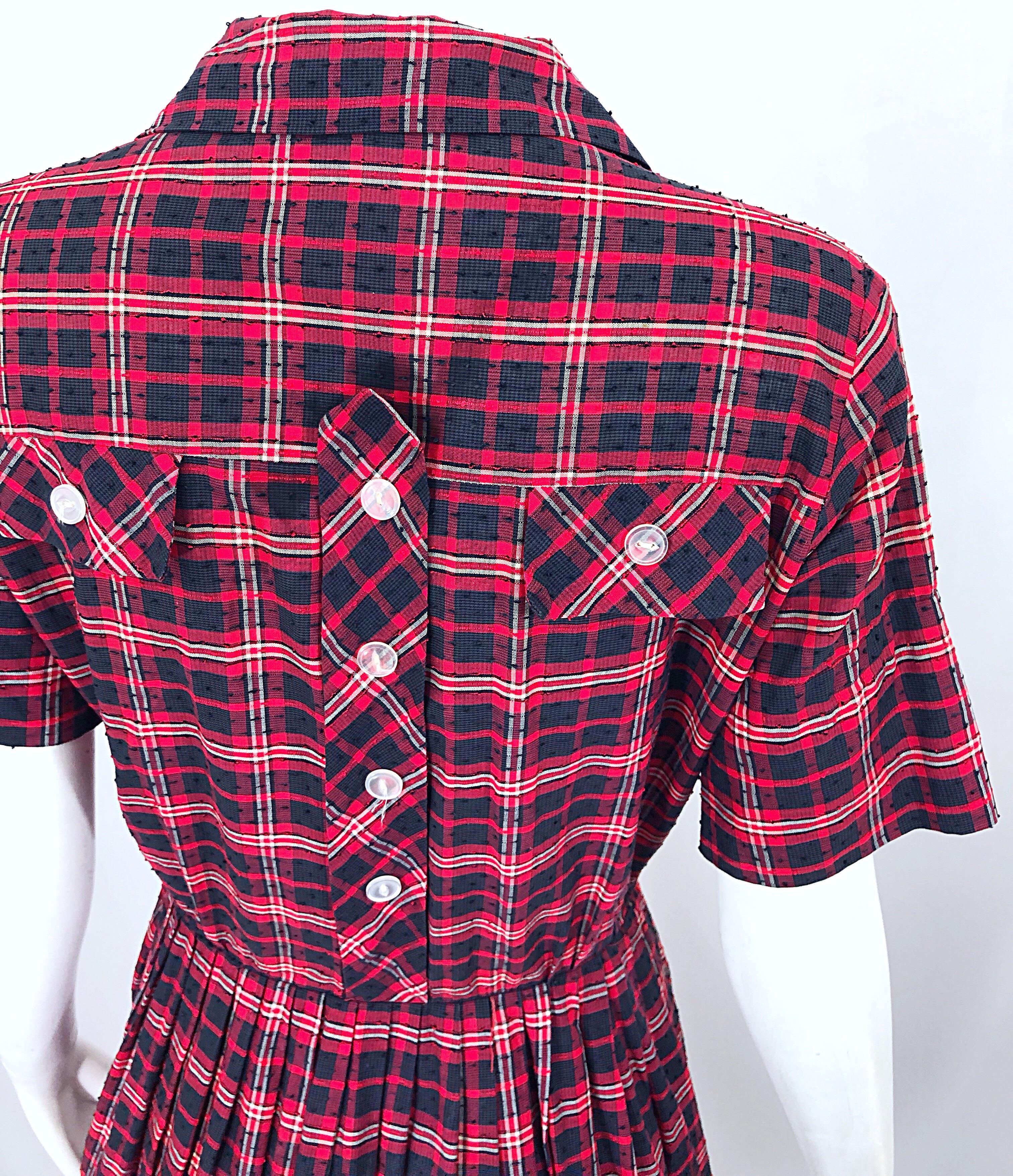 Women's 1950s Kerrybrooke Red, White and Navy Blue Party in the Back Plaid Vintage Dress For Sale