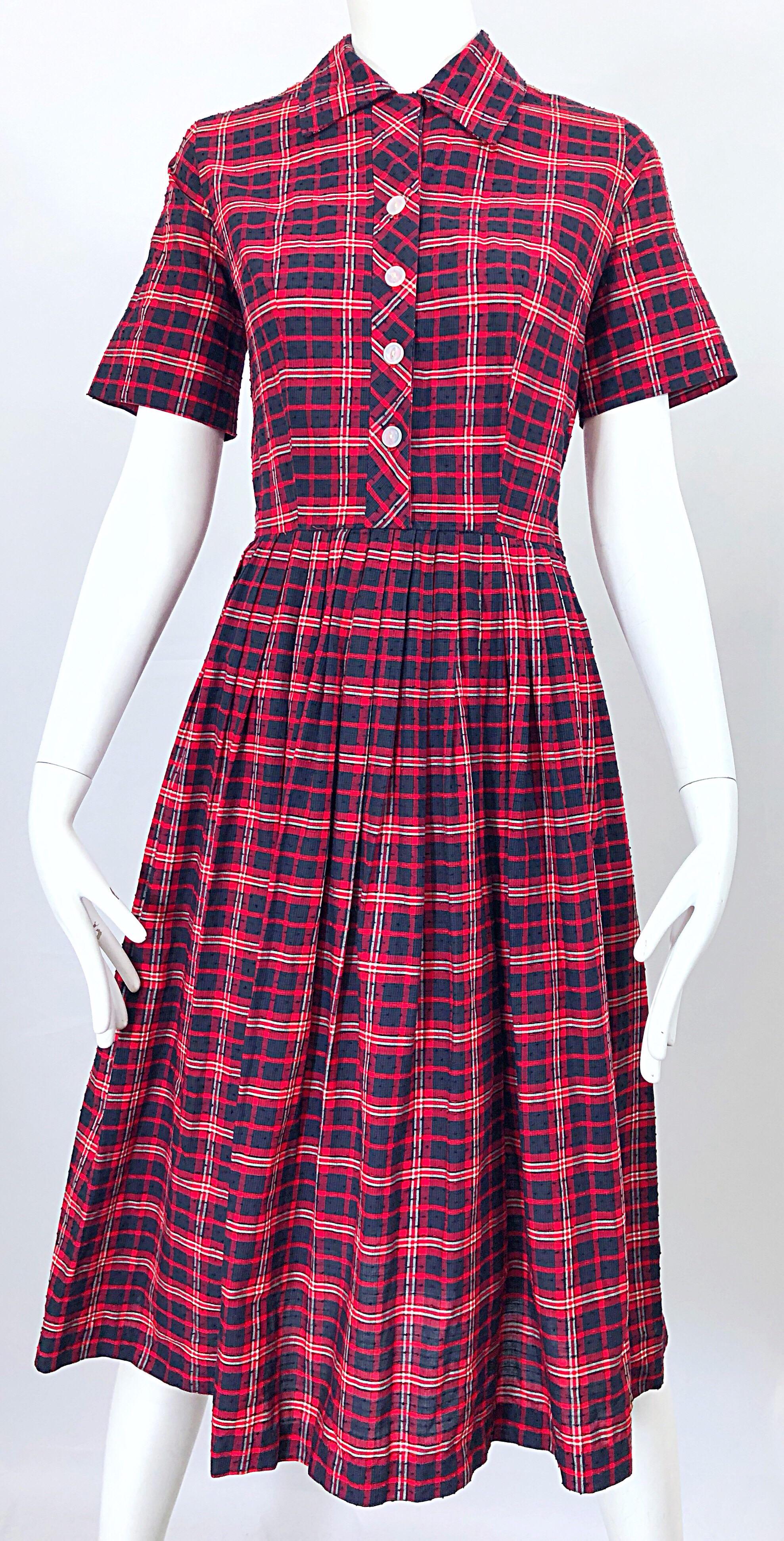 1950s Kerrybrooke Red, White and Navy Blue Party in the Back Plaid Vintage Dress For Sale 1