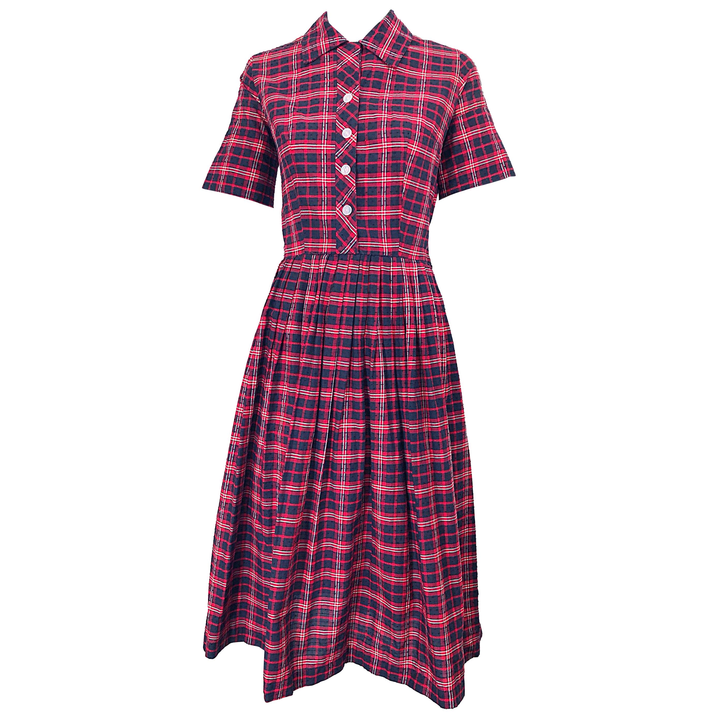 1950s Kerrybrooke Red, White and Navy Blue Party in the Back Plaid Vintage Dress For Sale