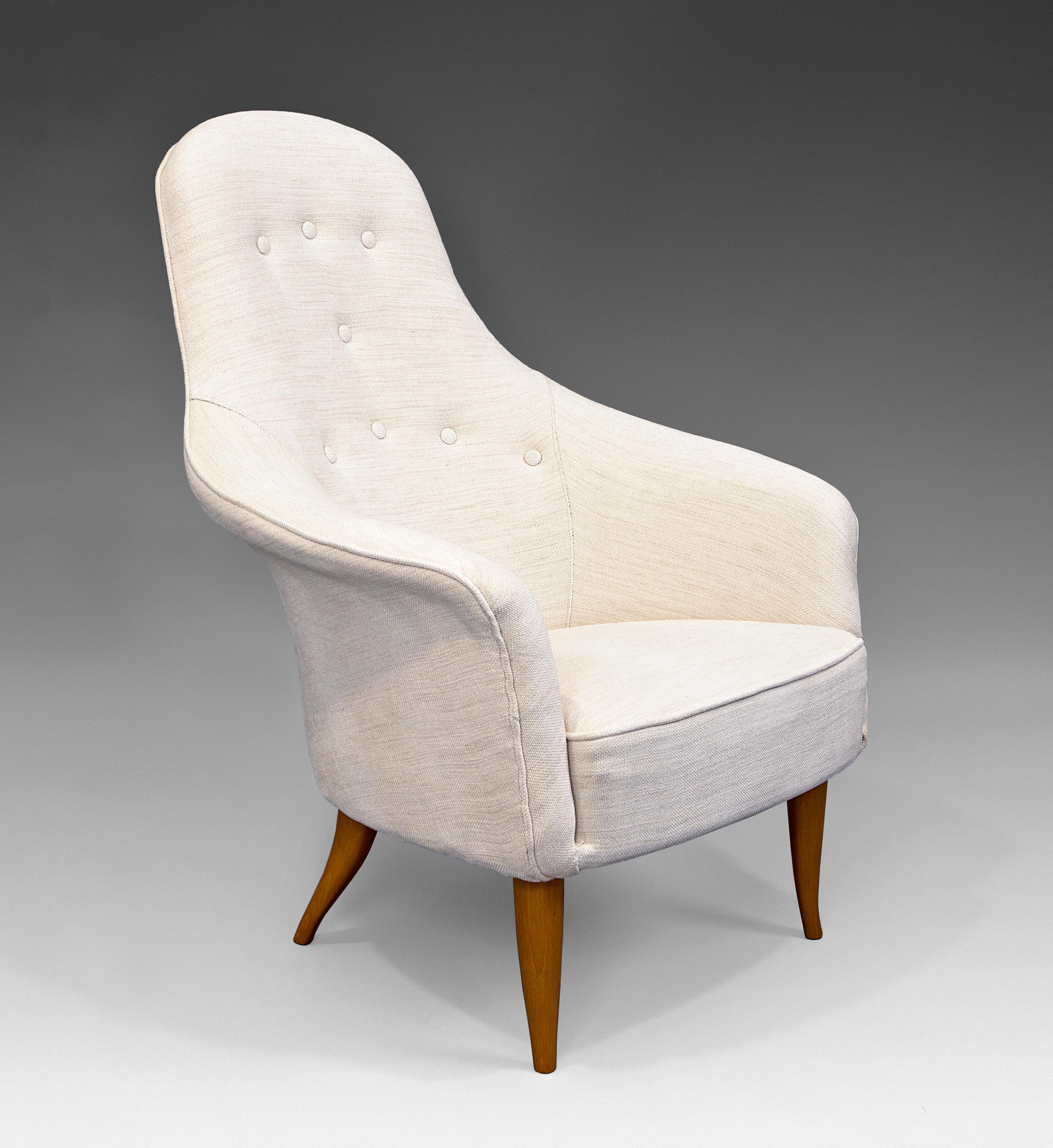 “Stora Adam” armchair by Kerstin Hörlin-Holmquist for Nordiska Kompaniet in beech and upholstery. Belonging to “Paradise” serie for the Project Triva by NK. Sweden, 1950s. Excellent condition, restored and reupholstered.