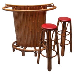 1950s Kidney Shaped Midcentury Rattan and Bamboo Tiki Bar with Two Stools