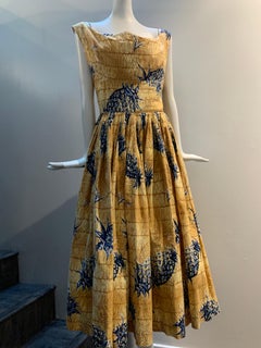 1950s Kiilani - Honolulu Golden Cotton Sundress W/ Blue & Black Pineapple Print