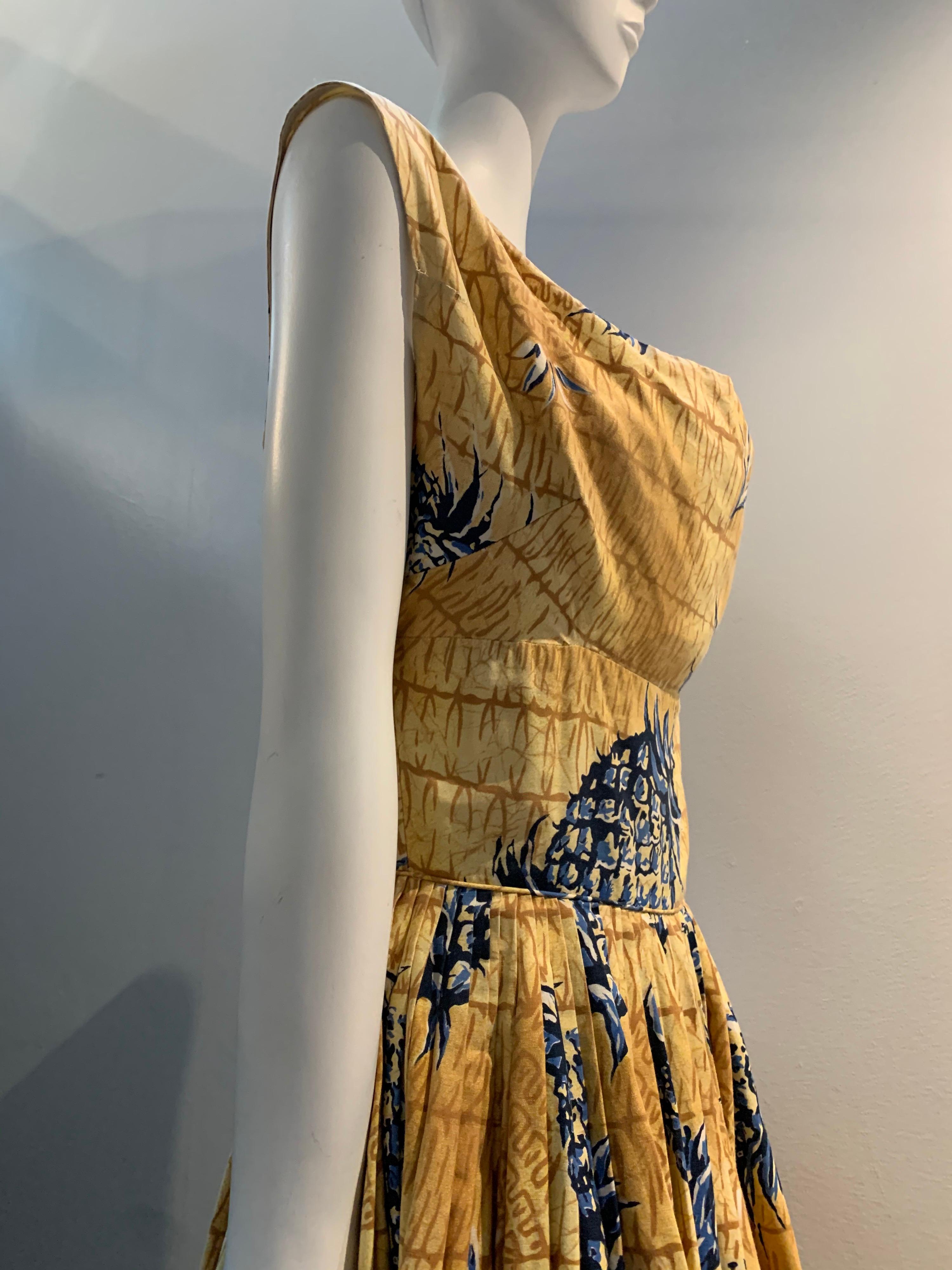 1950s Kiilani - Honolulu Golden Cotton Sundress W/ Blue & Black Pineapple Print In Excellent Condition For Sale In Gresham, OR