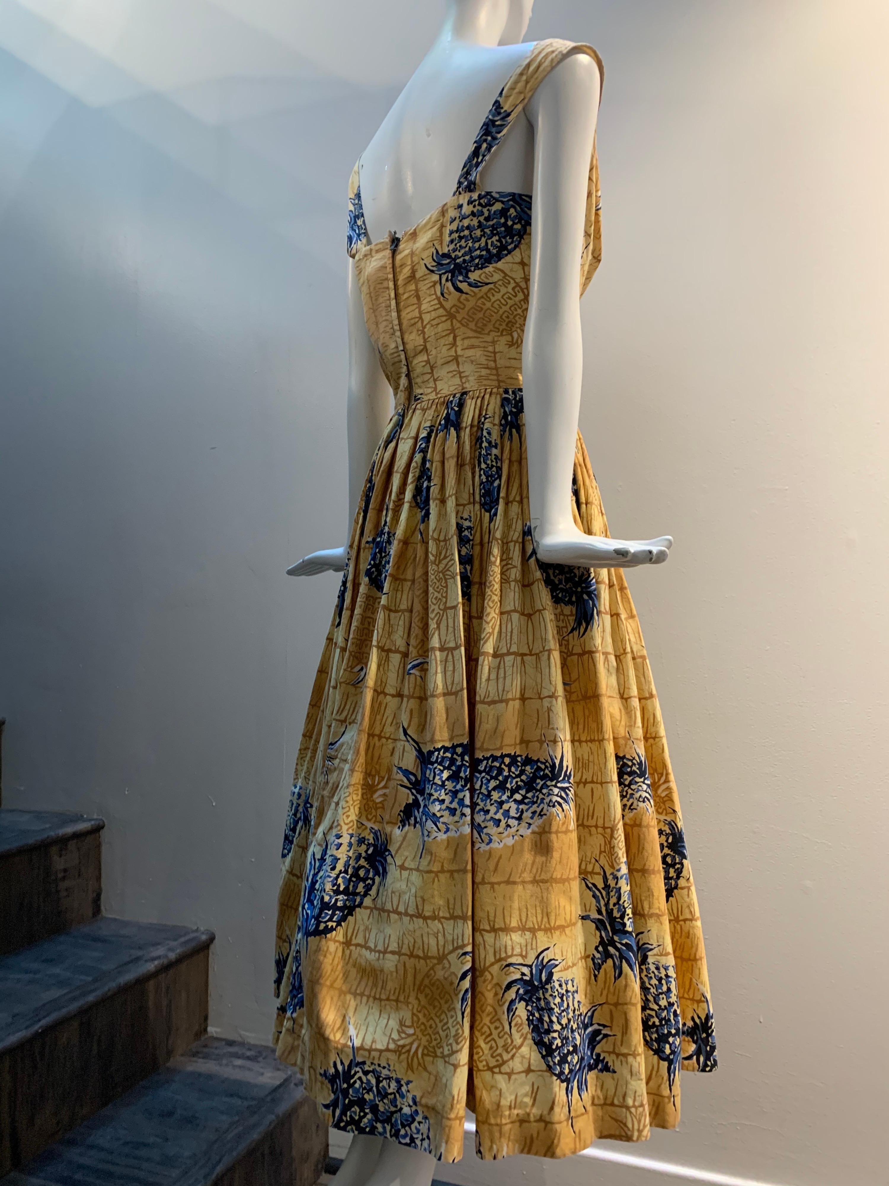 Women's 1950s Kiilani - Honolulu Golden Cotton Sundress W/ Blue & Black Pineapple Print For Sale