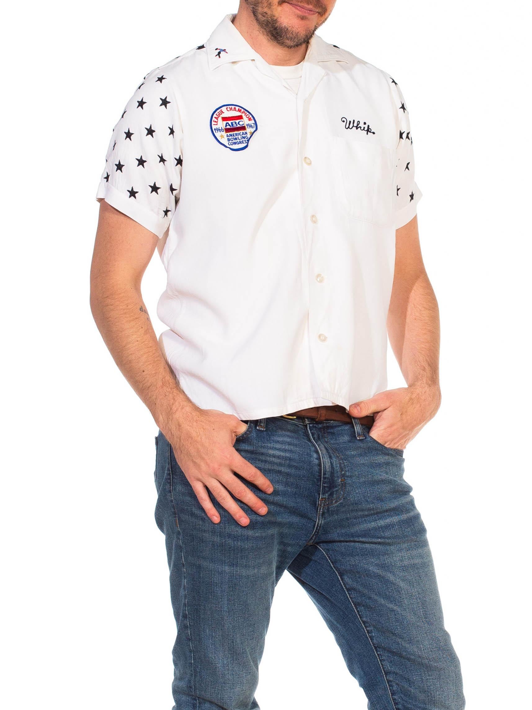 1950S King Louie Camisa de bolos de hombre de rayón blanco con estrella negra bordada Sl 3