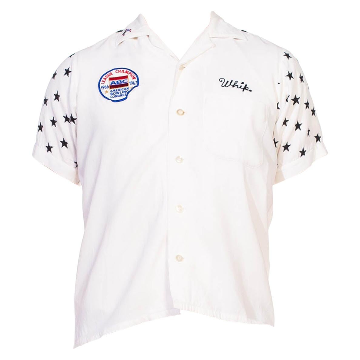 1950S King Louie White Rayon Men's Bowling Shirt With Black Star  Embroidered Sl