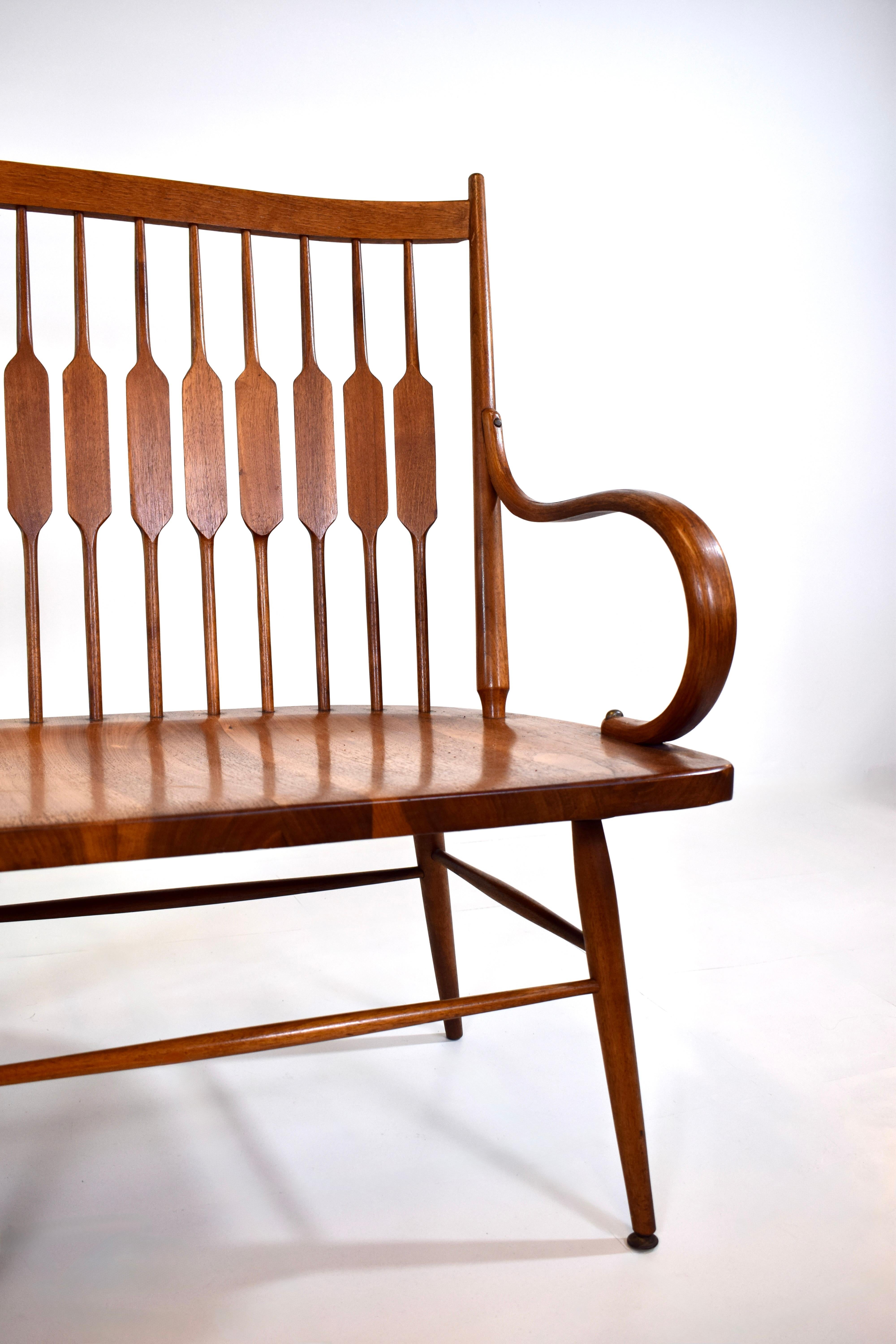 Carved 1950's Kipp Stewart for Drexel Declaration Walnut Spindle Back Bench For Sale