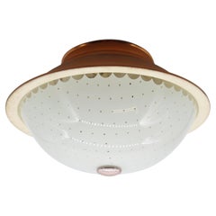 1950s Kitchen Dome Flush Mount Light w/ White & Clear Dotted Glass