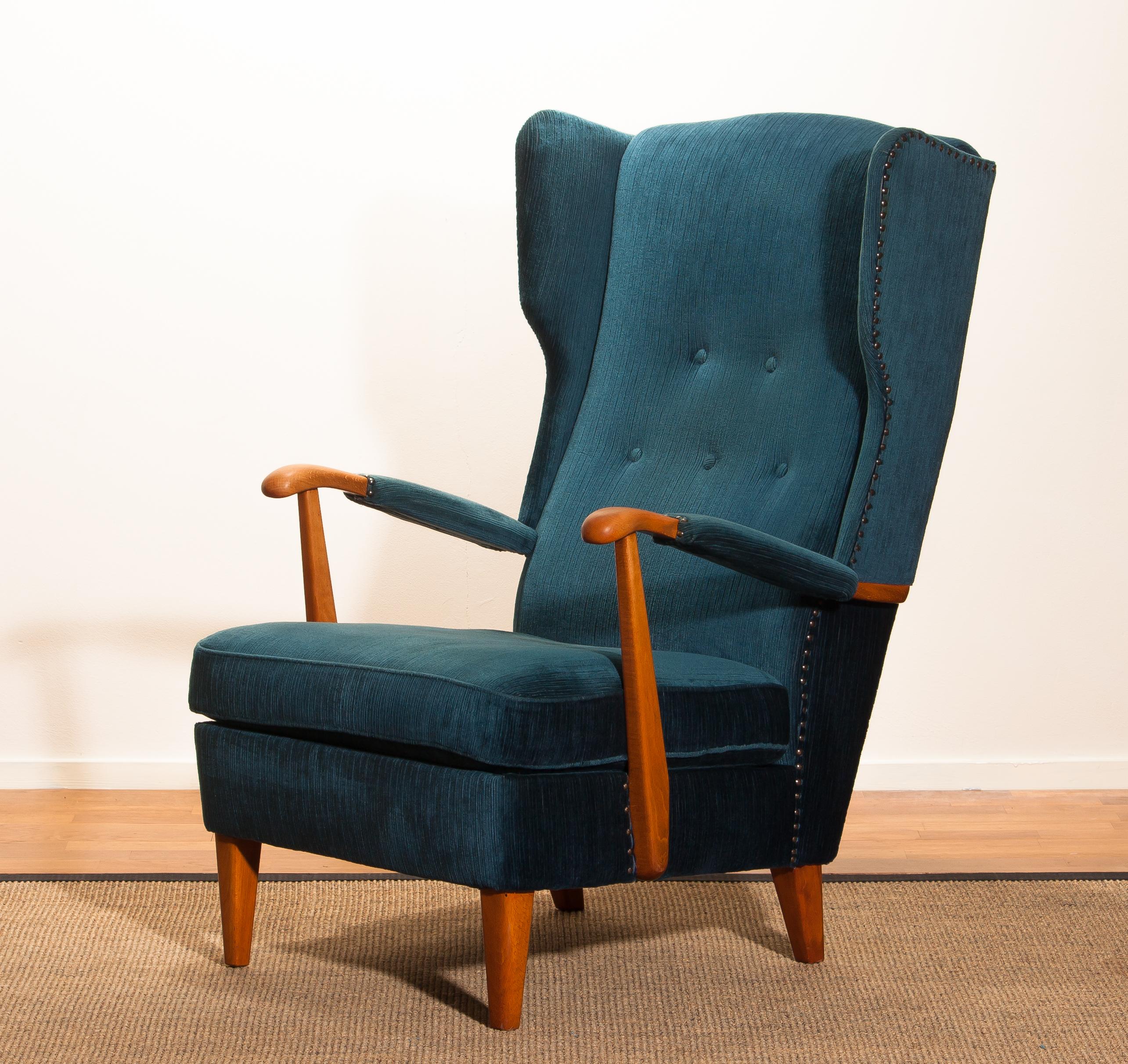 1950s, Knoll Lounge or Wingback Chair in Petrol Rib Velours / Velvet 5