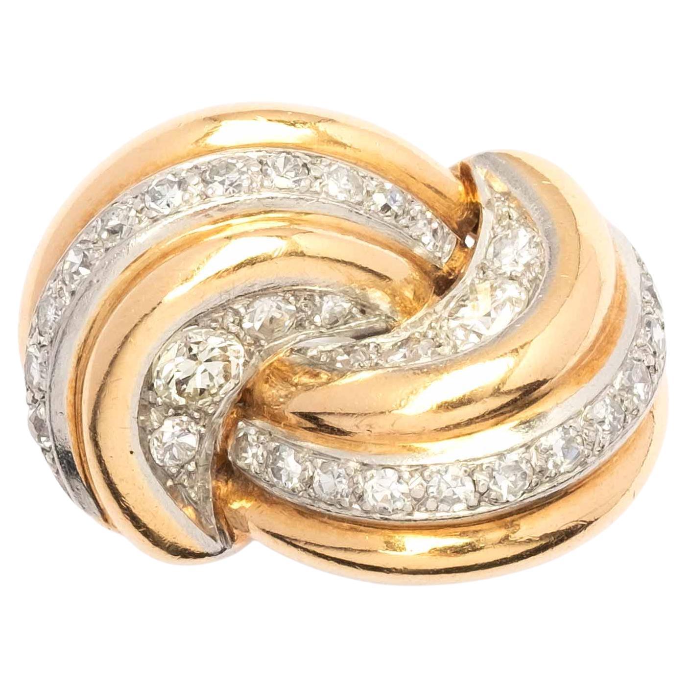 Anello Knot degli anni '50 in oro giallo e bianco 18 ct con diamanti taglio antico in vendita