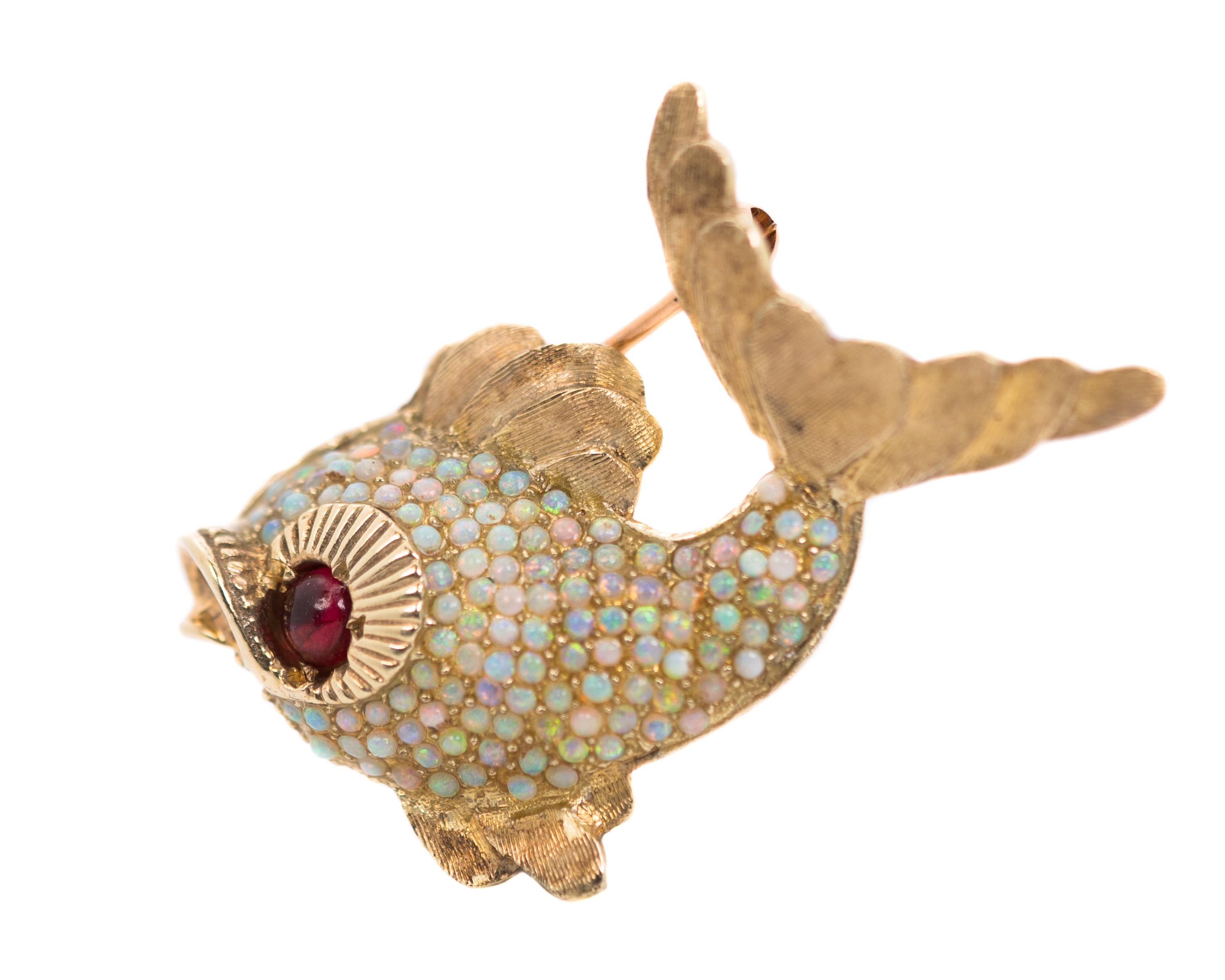 Retro 1950s Koi Fish Brooch with Opals and Garnet in 18 Karat Yellow Gold