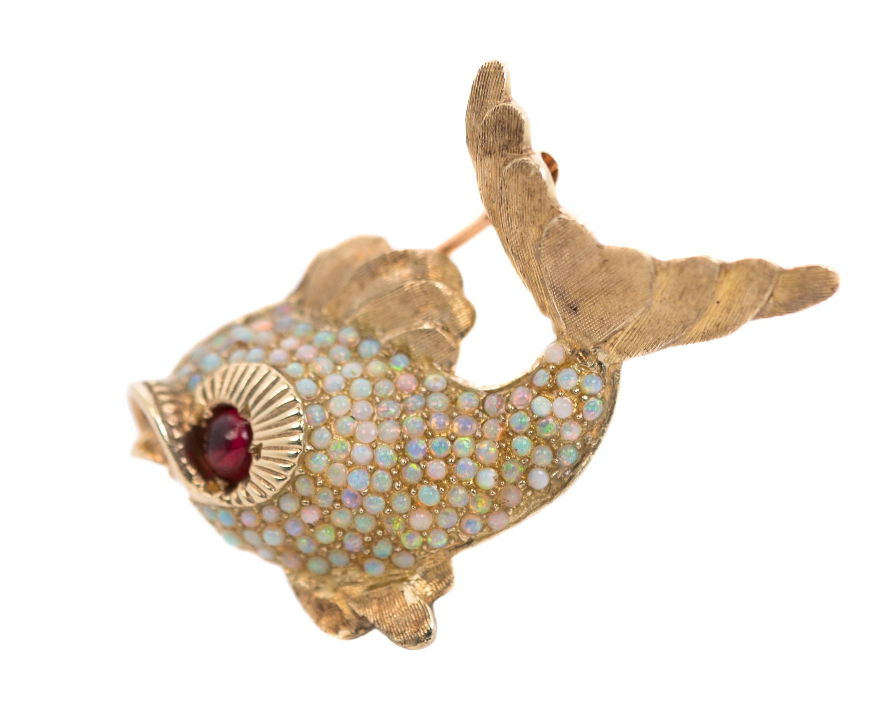 Round Cut 1950s Koi Fish Brooch with Opals and Garnet in 18 Karat Yellow Gold