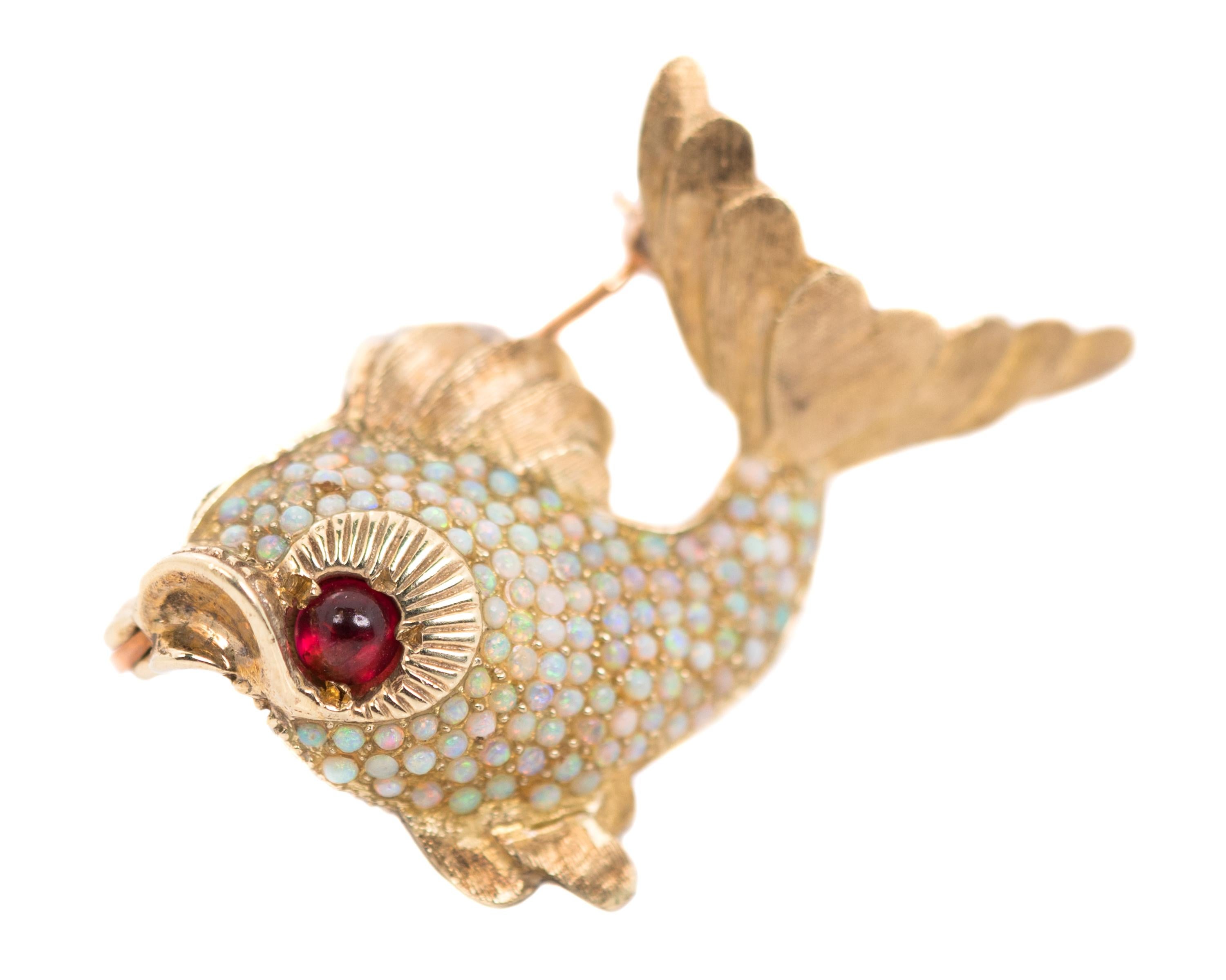 1950s Koi Fish Brooch with Opals and Garnet in 18 Karat Yellow Gold In Good Condition In Atlanta, GA