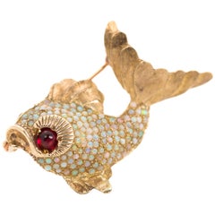 Vintage 1950s Koi Fish Brooch with Opals and Garnet in 18 Karat Yellow Gold