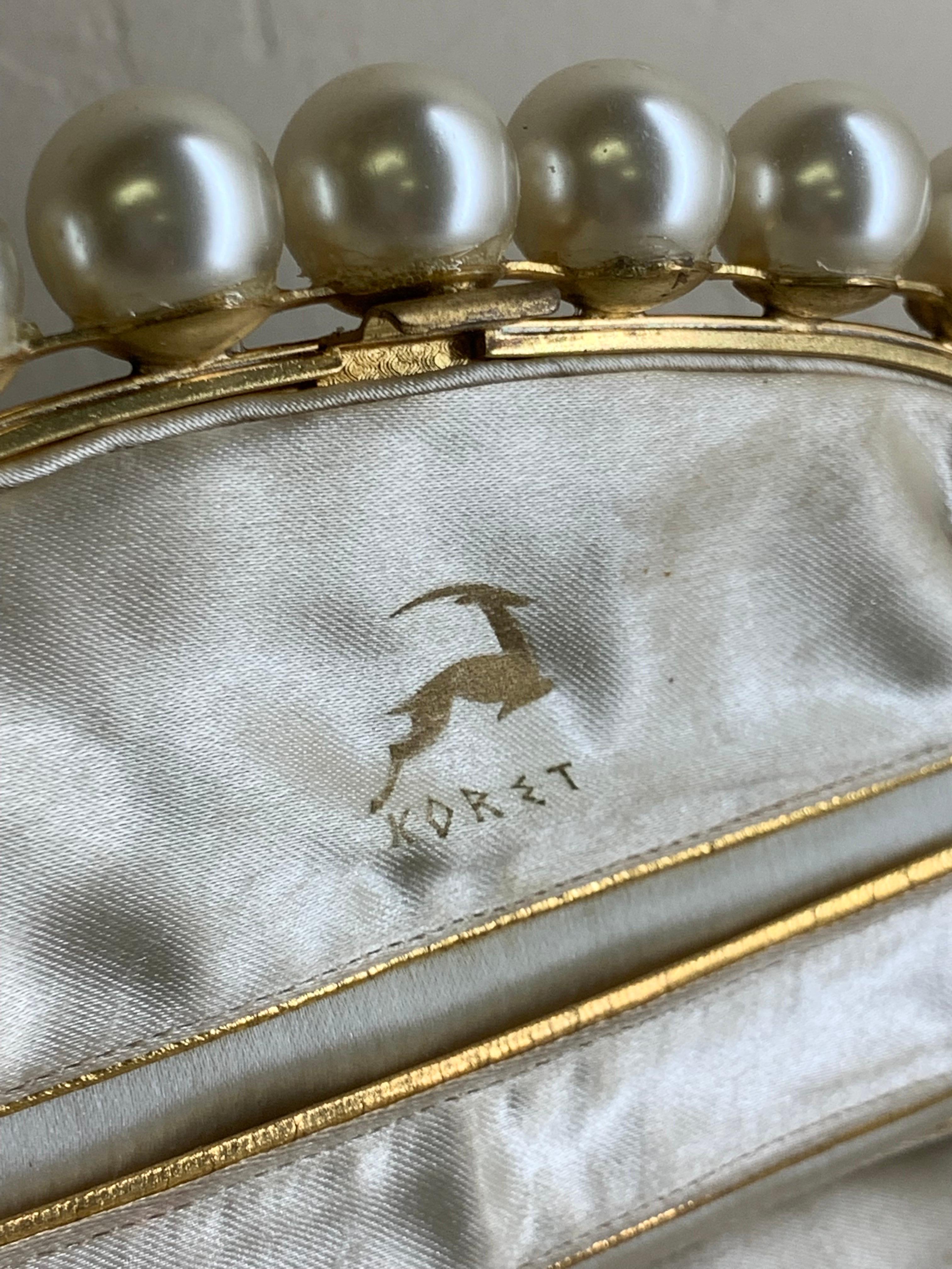 1950s Koret Champagne Seed Pearl Encrusted Evening Clutch w Pearl Studded Frame For Sale 3