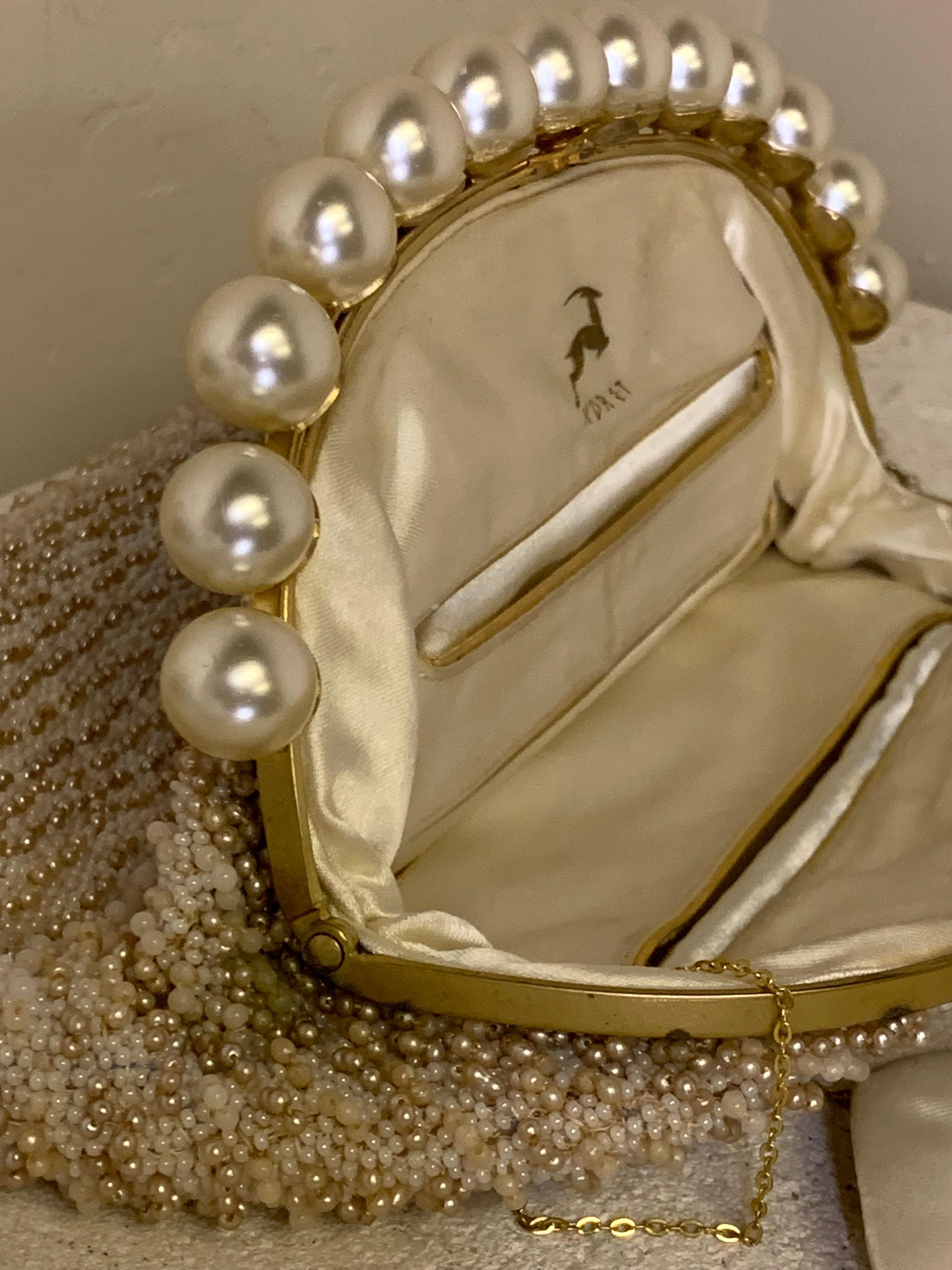 1950s Koret Champagne Seed Pearl Encrusted Evening Clutch w Pearl Studded Frame For Sale 5