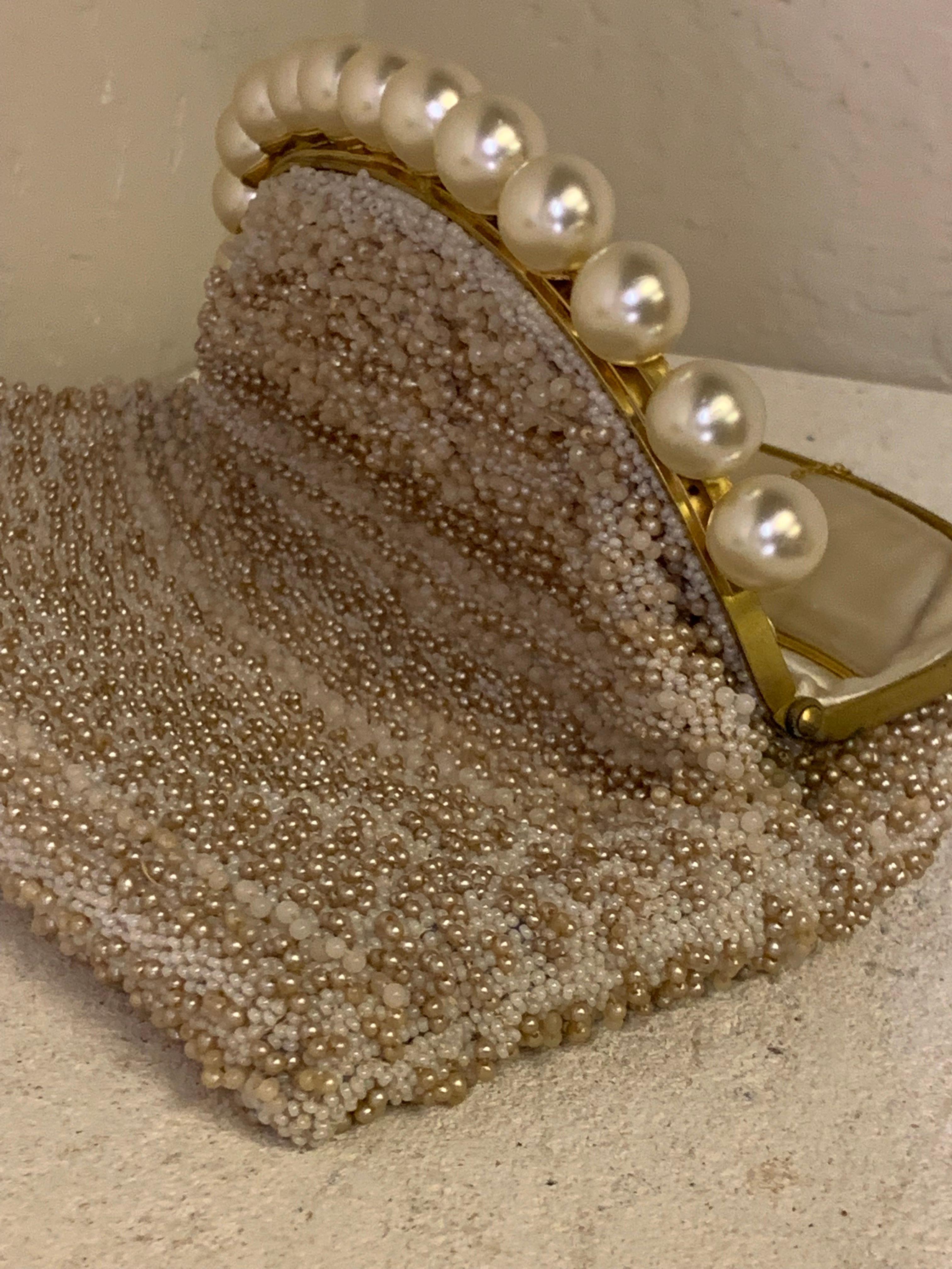 1950s Koret Champagne Seed Pearl Encrusted Evening Clutch w Pearl Studded Frame For Sale 6