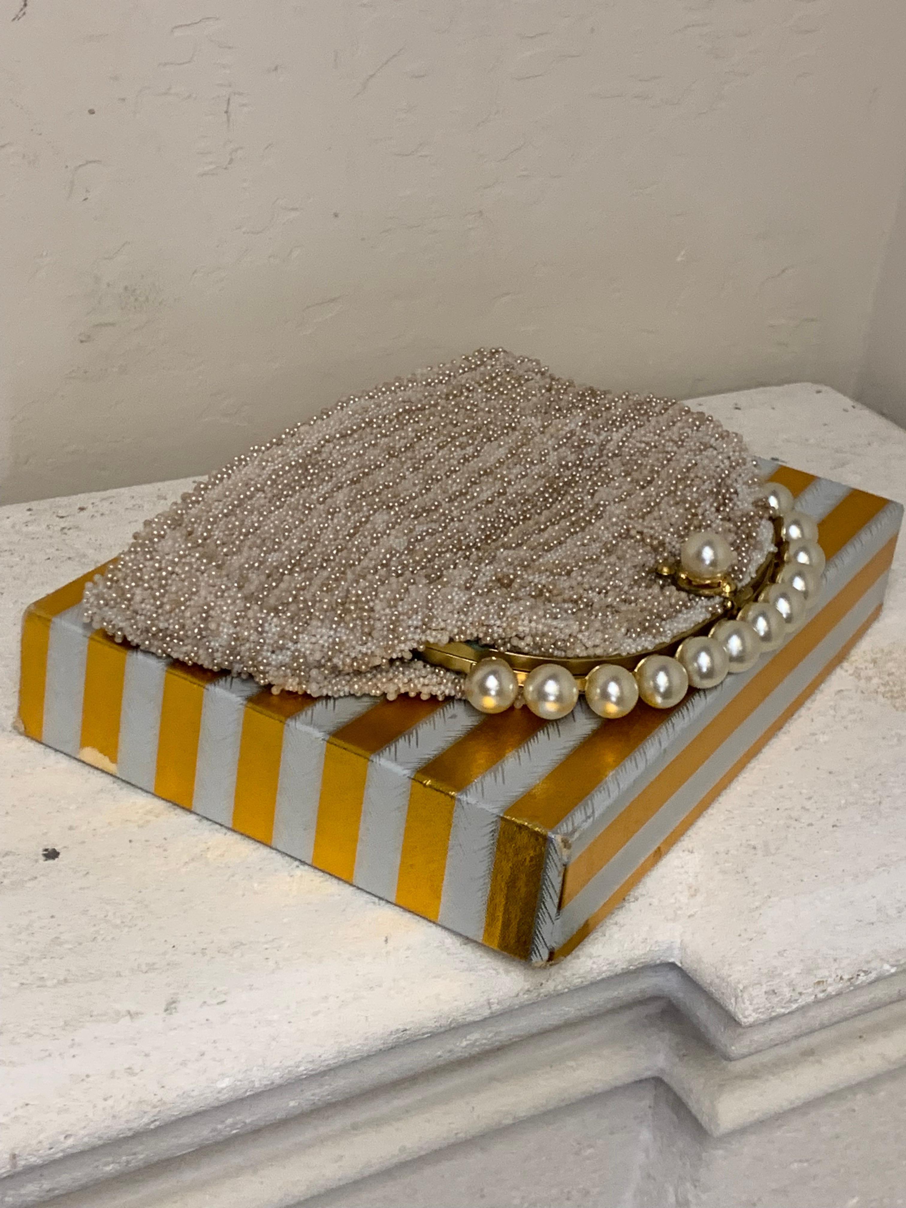1950s Koret Champagne Seed Pearl Encrusted Evening Clutch w Pearl Studded Frame For Sale 8