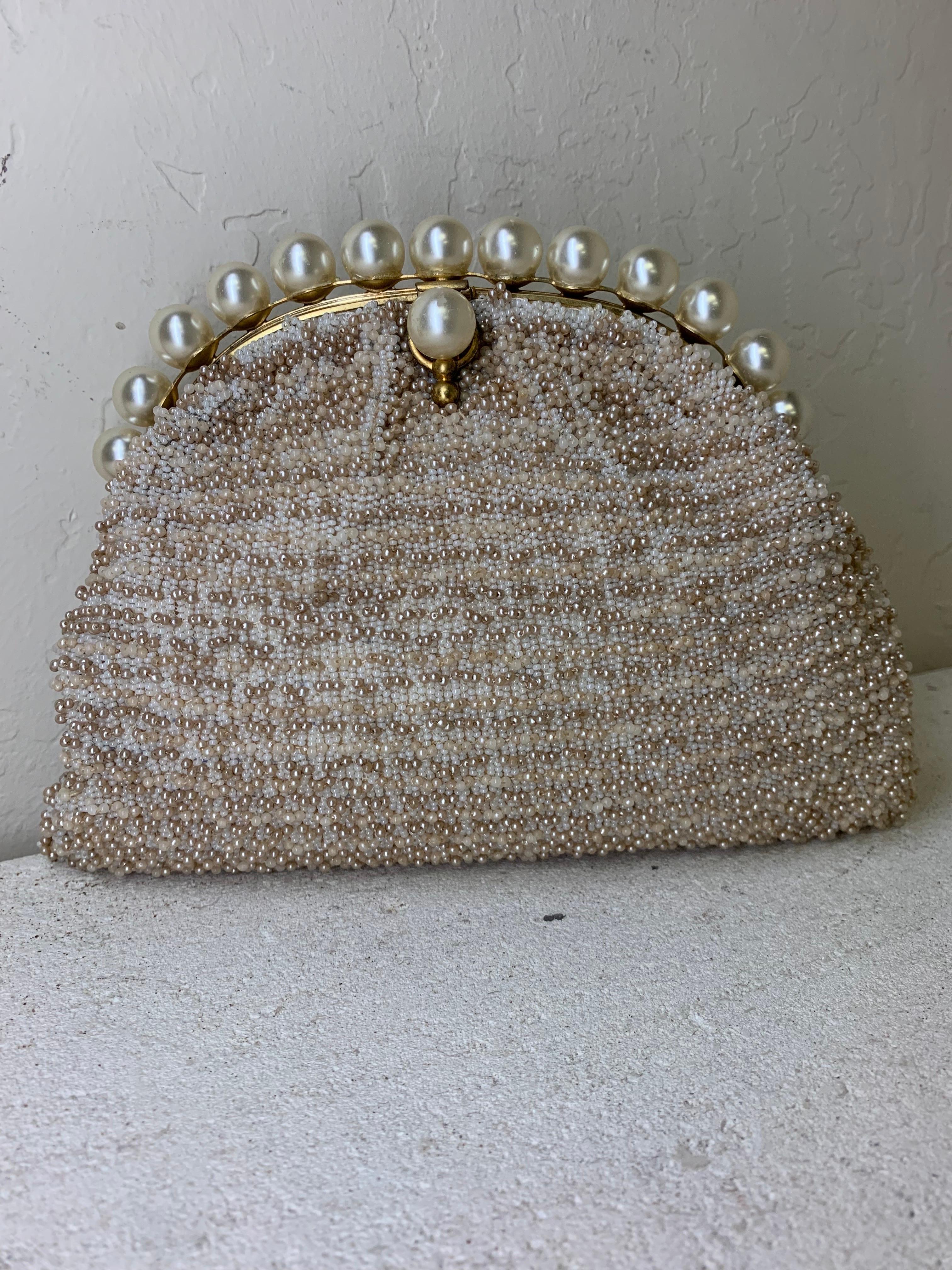 1950s Koret Champagne Seed Pearl Encrusted Evening Clutch w Pearl Studded Frame: Pristine condition with satin lining, and original box. Medium size purse will accommodate cell phone. 