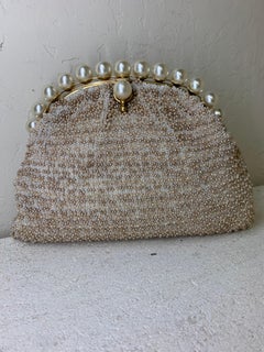 1950s Koret Champagne Seed Pearl Encrusted Evening Clutch w Pearl Studded Frame