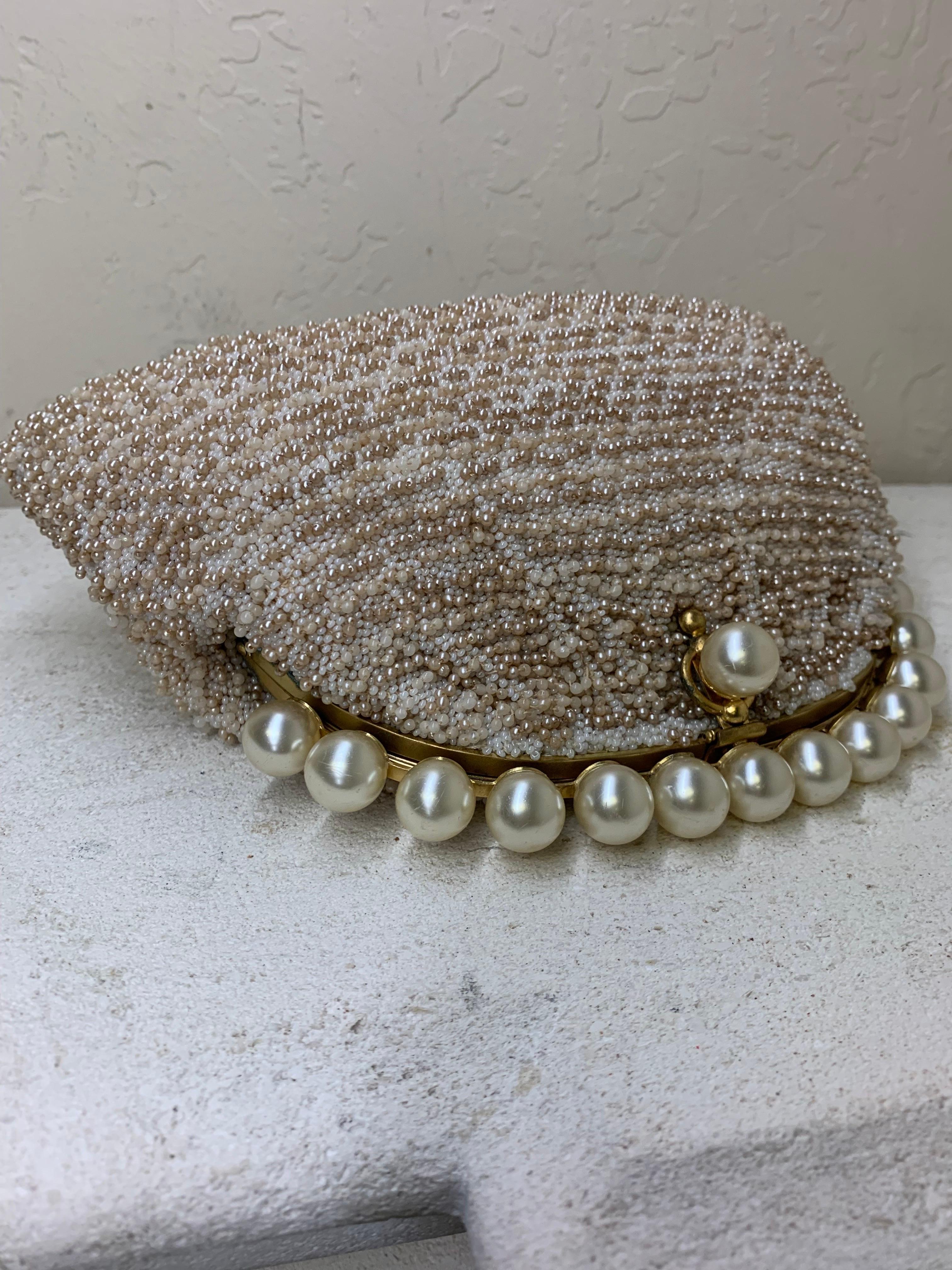 Women's 1950s Koret Champagne Seed Pearl Encrusted Evening Clutch w Pearl Studded Frame For Sale